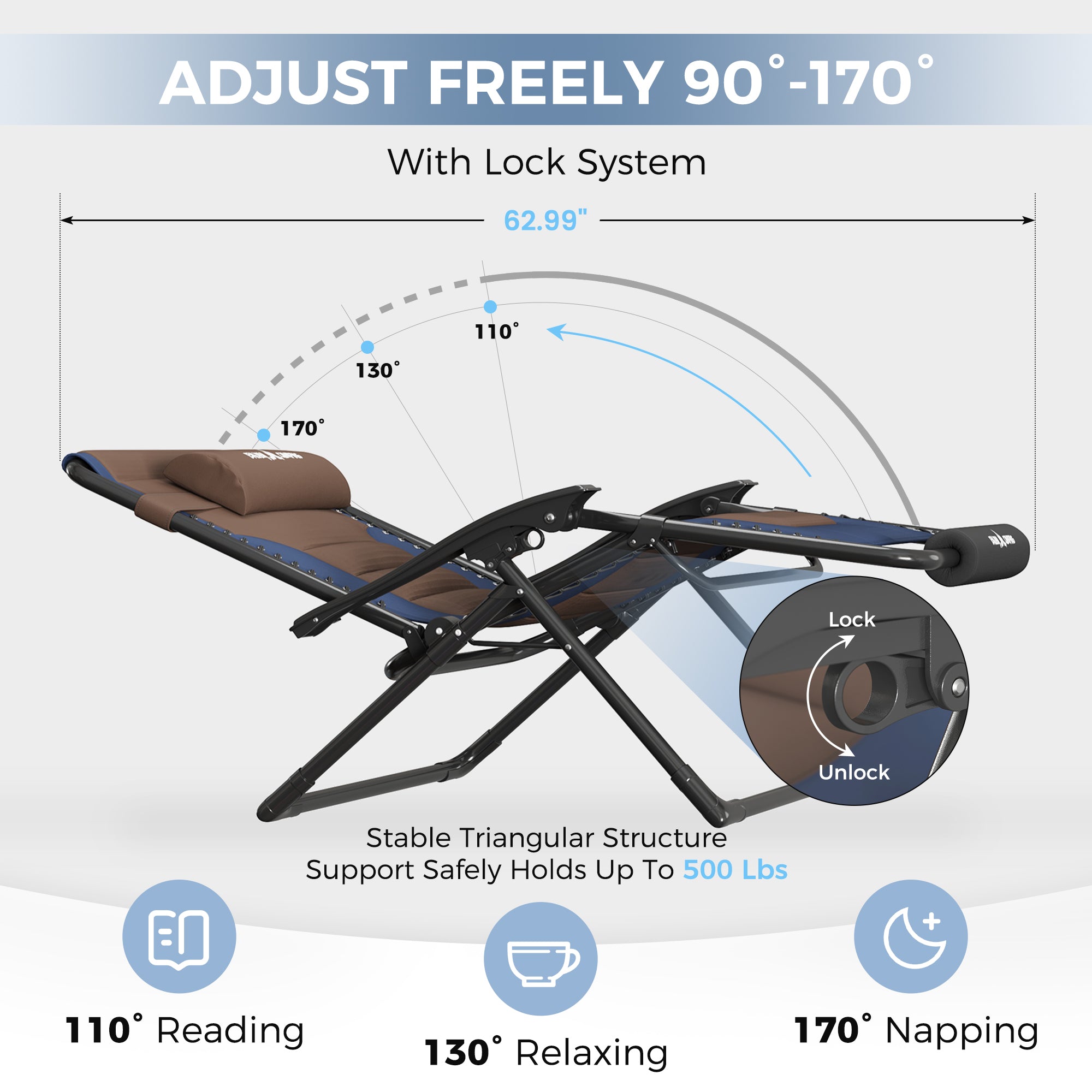 Oversized Zero Gravity Chair – Heavy Duty 500lb Capacity, Adjustable Recliner with Headrest & Footrest, Foldable Outdoor Patio Lounge Chair
