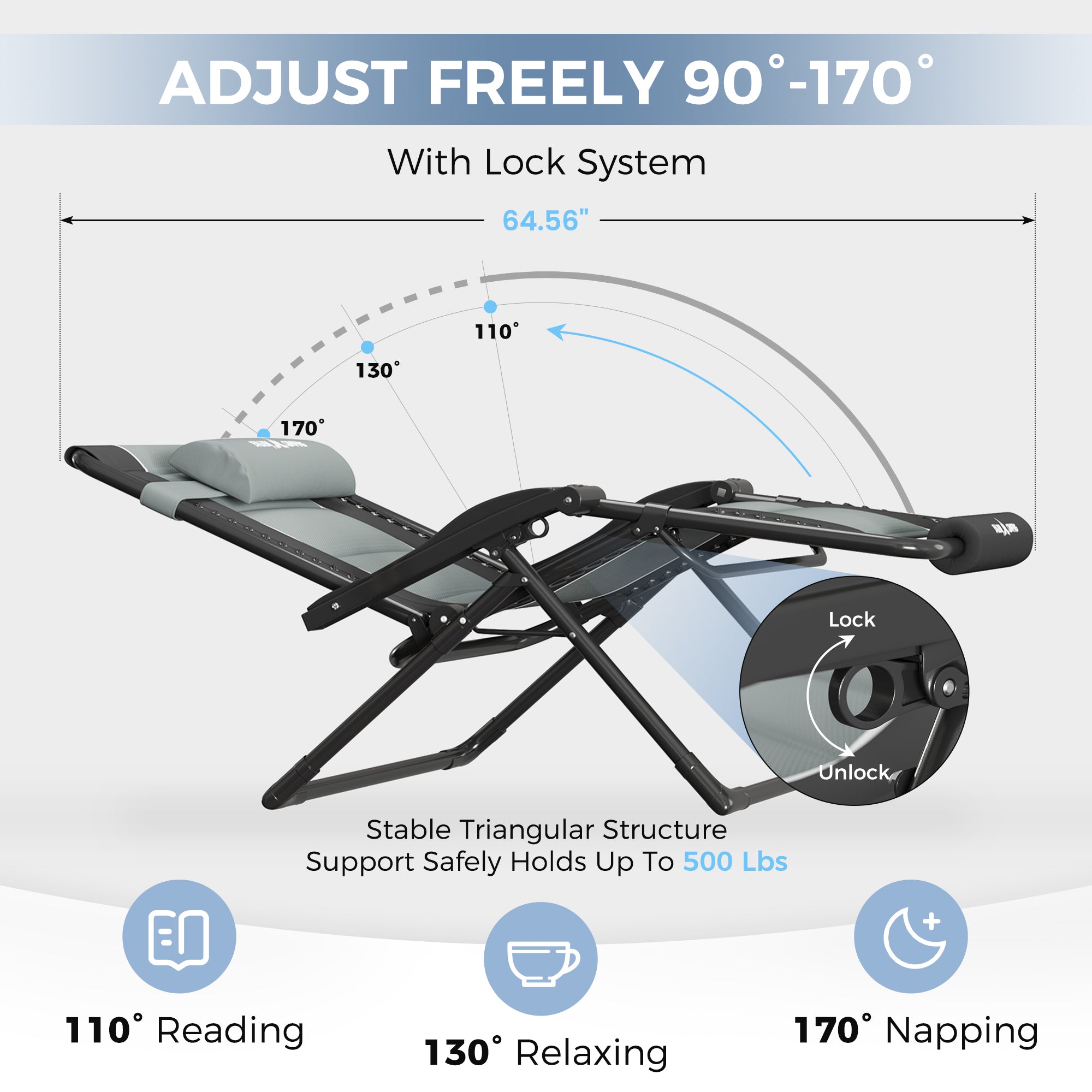 Oversized Zero Gravity Chair – Heavy Duty 500lb Capacity, Adjustable Recliner with Headrest & Footrest, Foldable Outdoor Patio Lounge Chair