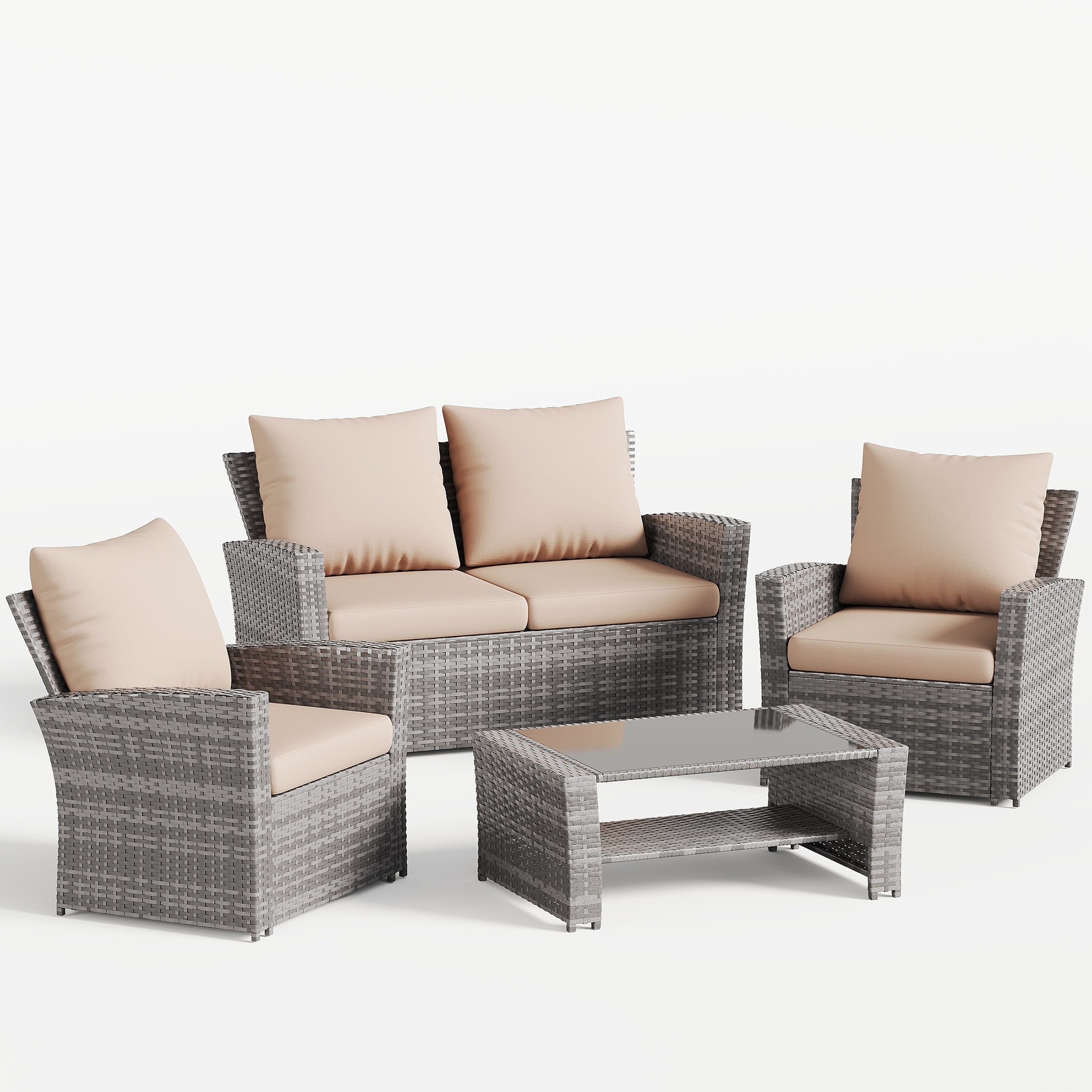 UDPATIO Wicker Patio Furniture Set, 4 Piece Outdoor Sectional Conversation Sets, Gray PE Rattan Patio Sofa Set for Balcony, Porch, Backyard, Khaki
