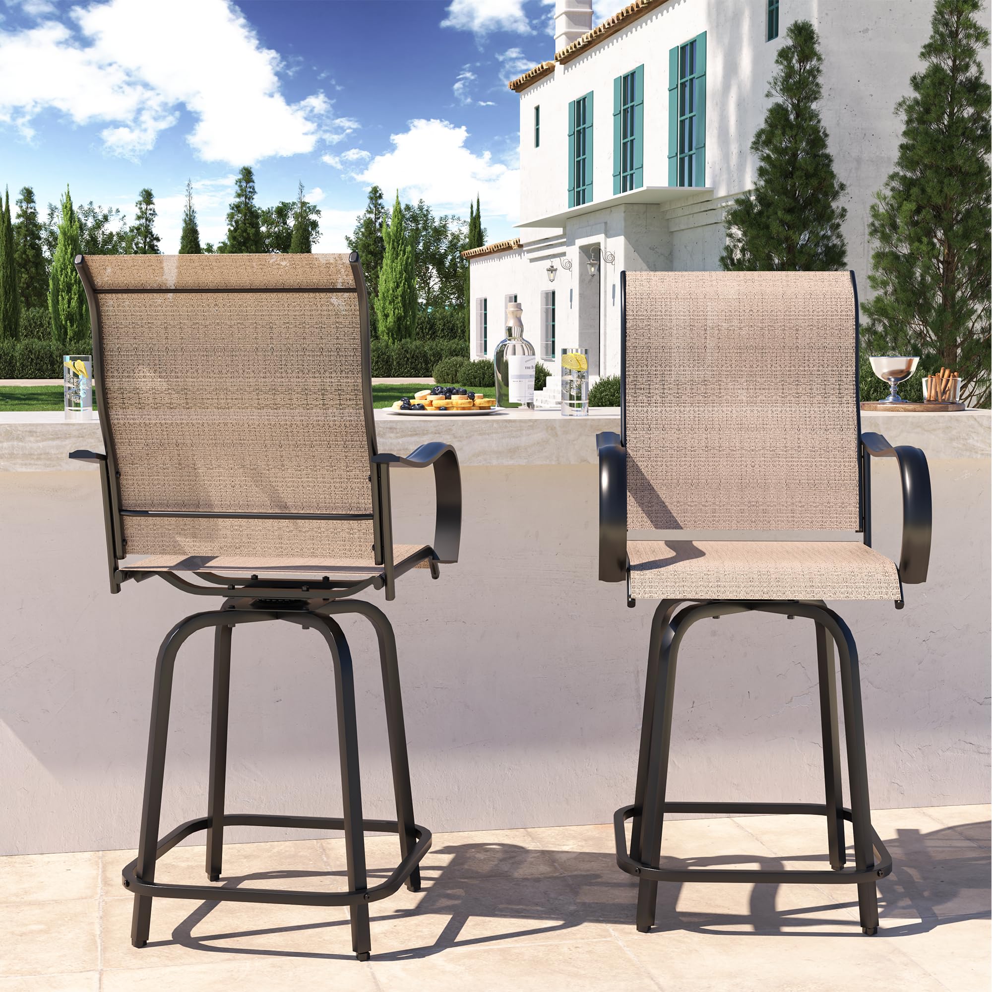 UDPATIO Outdoor Swivel Bar Stools Set of 2,Outdoor High Bistro Stools with Waterproof Textile Fabric,Armrest,Footrest,All Weather Bar Height Patio Chairs for Poolside, Garden, Backyard,Brown