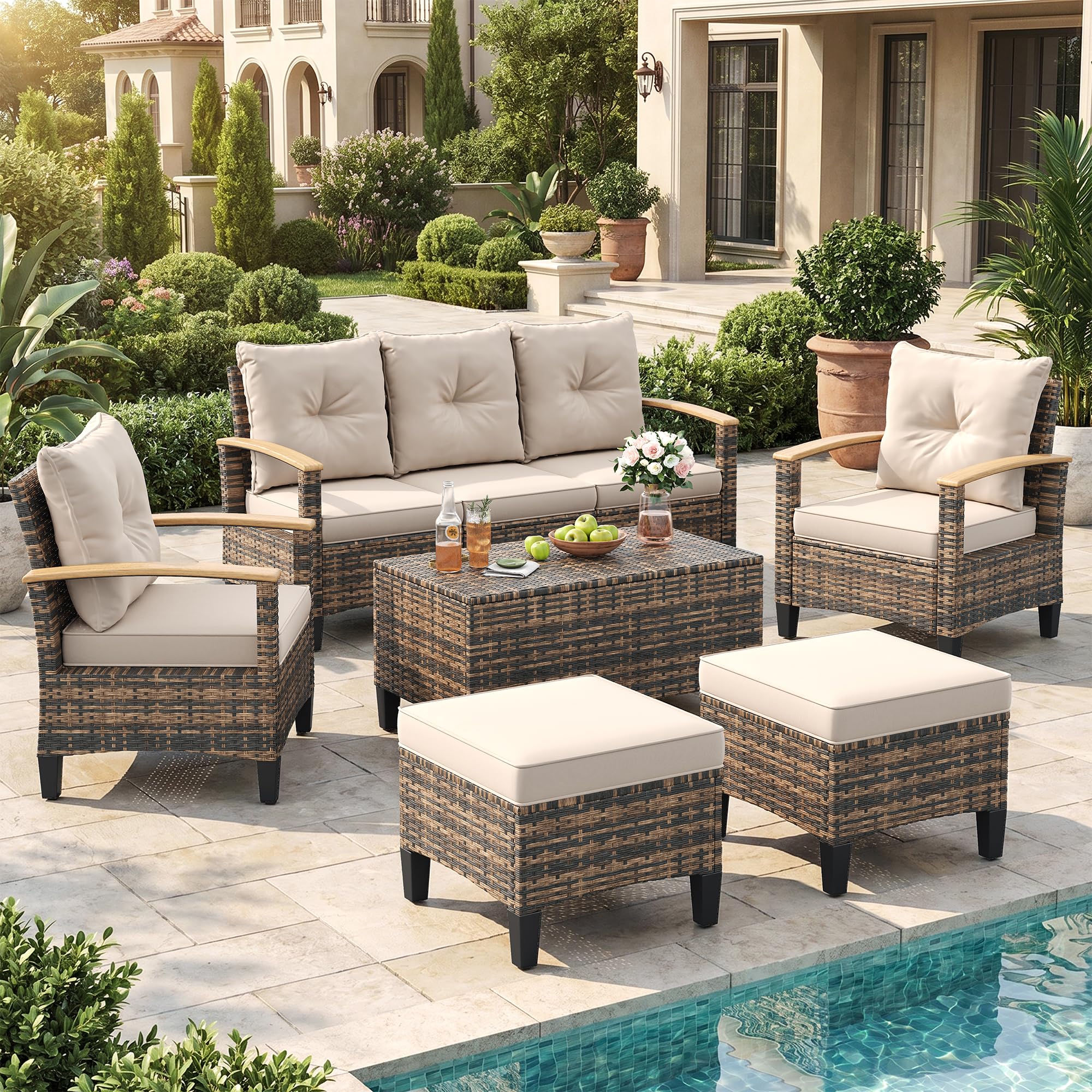 UDPATIO Wider Armrests Patio Furniture Set, 6 Pieces Wicker High Back Outdoor Conversation Set with 2 Ottomans & Storage Table for Lawn, Porch, Garden, Backyard, Khaki