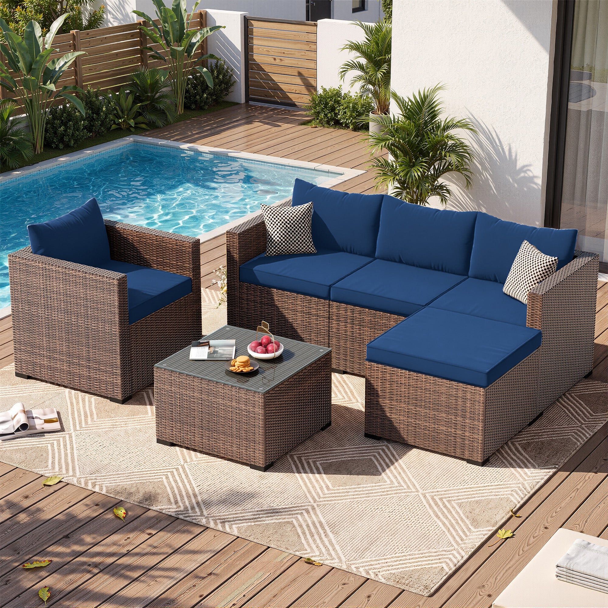 UDPATIO 6 Piece L Shaped Outdoor Couch, Patio Furniture Set, Navy Blue