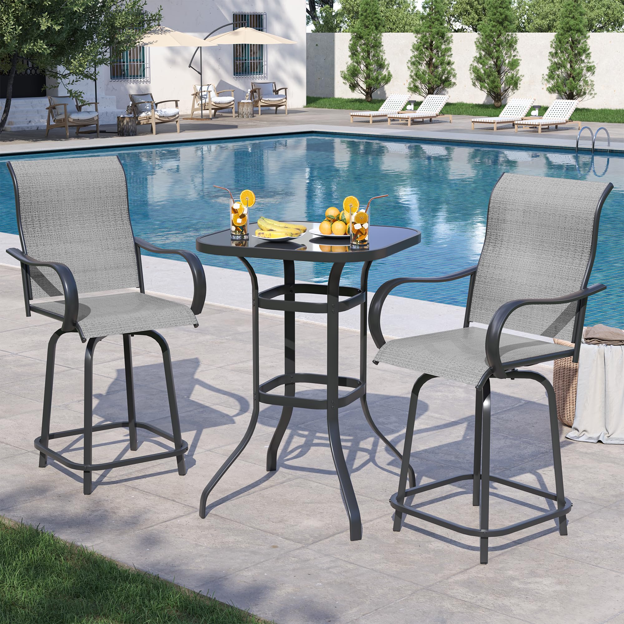 UDPATIO Outdoor Swivel Bar Stools Set of 2,Outdoor High Bistro Stools with Waterproof Textile Fabric,Armrest,Footrest,All Weather Bar Height Patio Chairs for Poolside, Garden, Backyard,Grey White