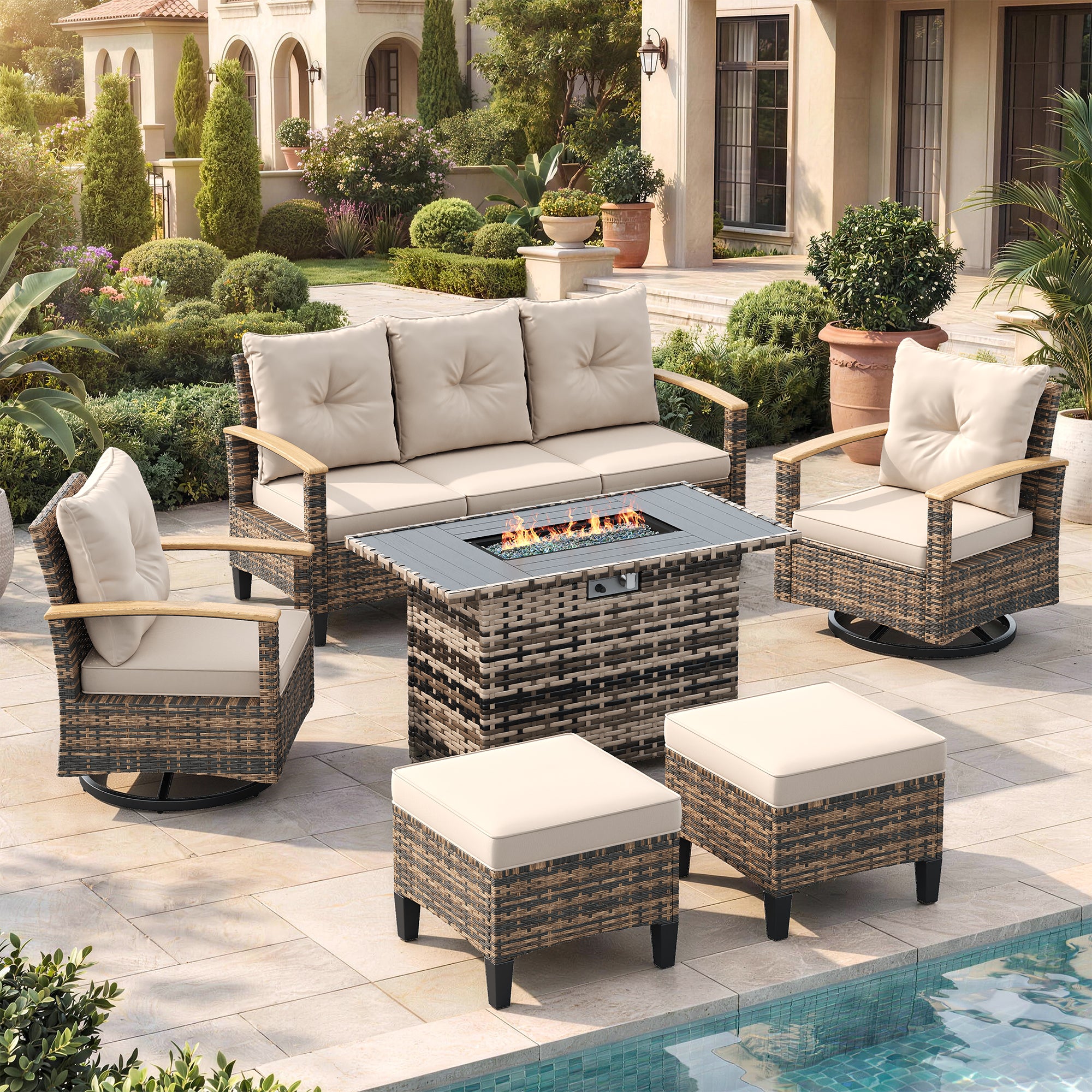 UDPATIO Patio Furniture Set with Fire Pit Table, 360° Swivel Chairs, 6 Pieces Outdoor Wicker Conversation Set for Lawn, Porch, Garden, Backyard, Khaki