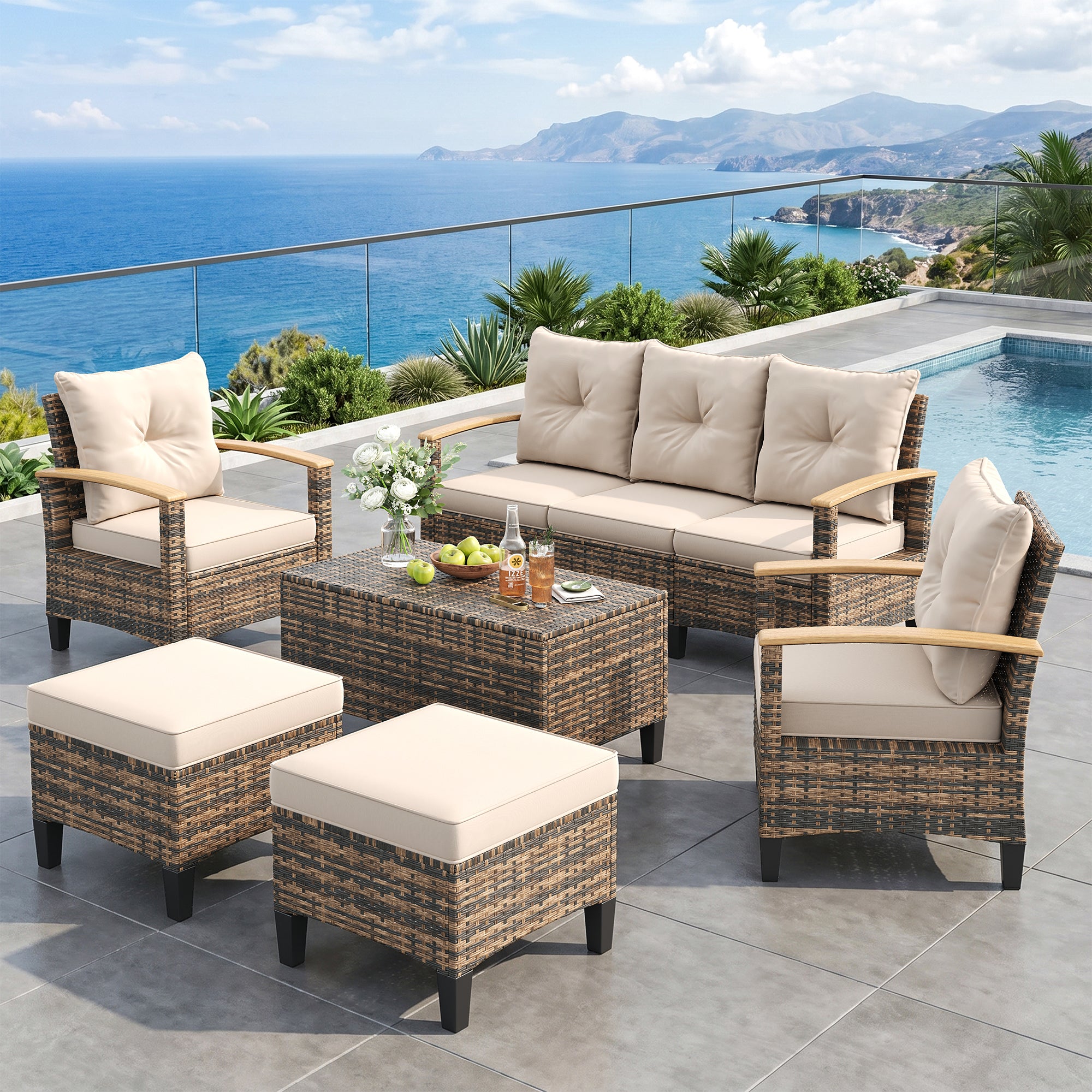 UDPATIO Patio Furniture Set, 6 Pieces Outdoor Wicker Conversation Set with 2 Ottomans & Storage Table for Lawn, Porch, Garden, Backyard, Khaki