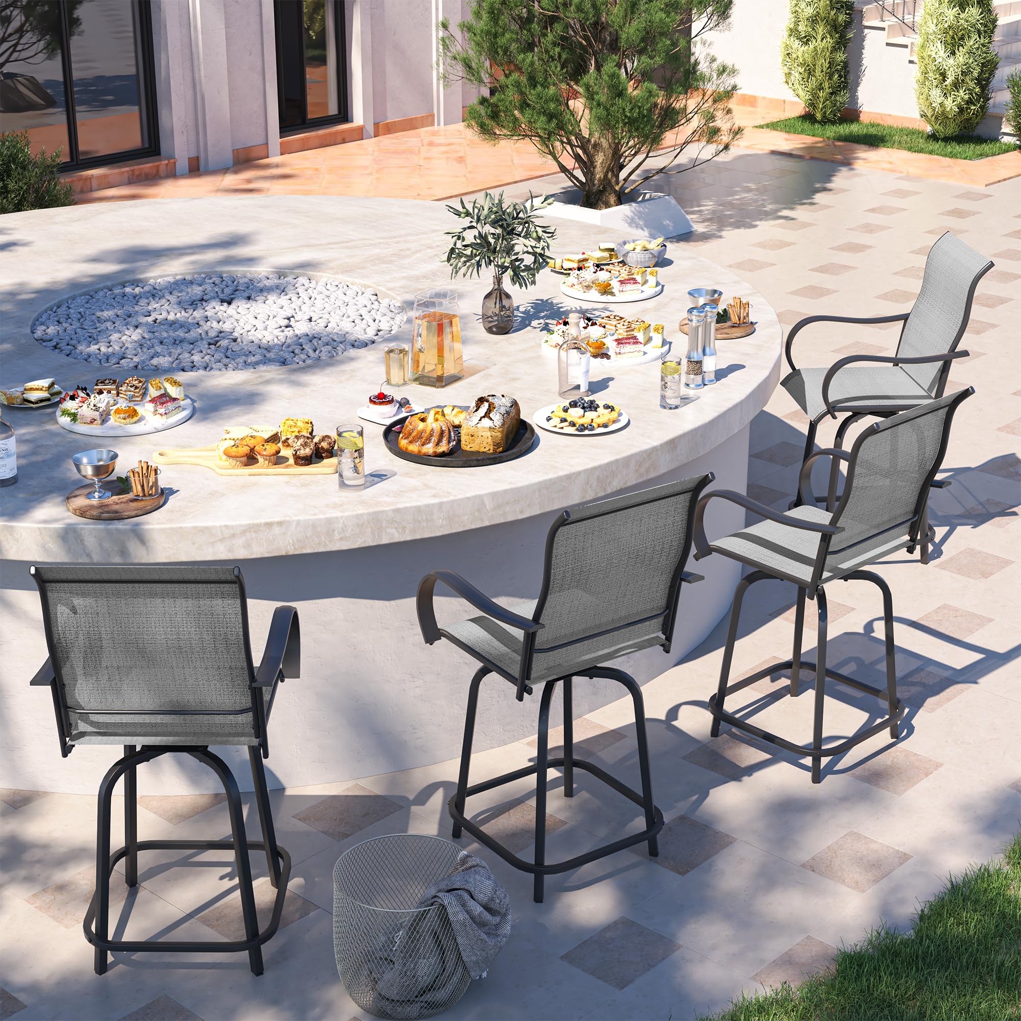UDPATIO Outdoor Swivel Bar Stools Set of 4,Outdoor High Bistro Stools with Waterproof Textile Fabric,Armrest,Footrest,All Weather Bar Height Patio Chairs for Poolside, Garden, Backyard,Grey White