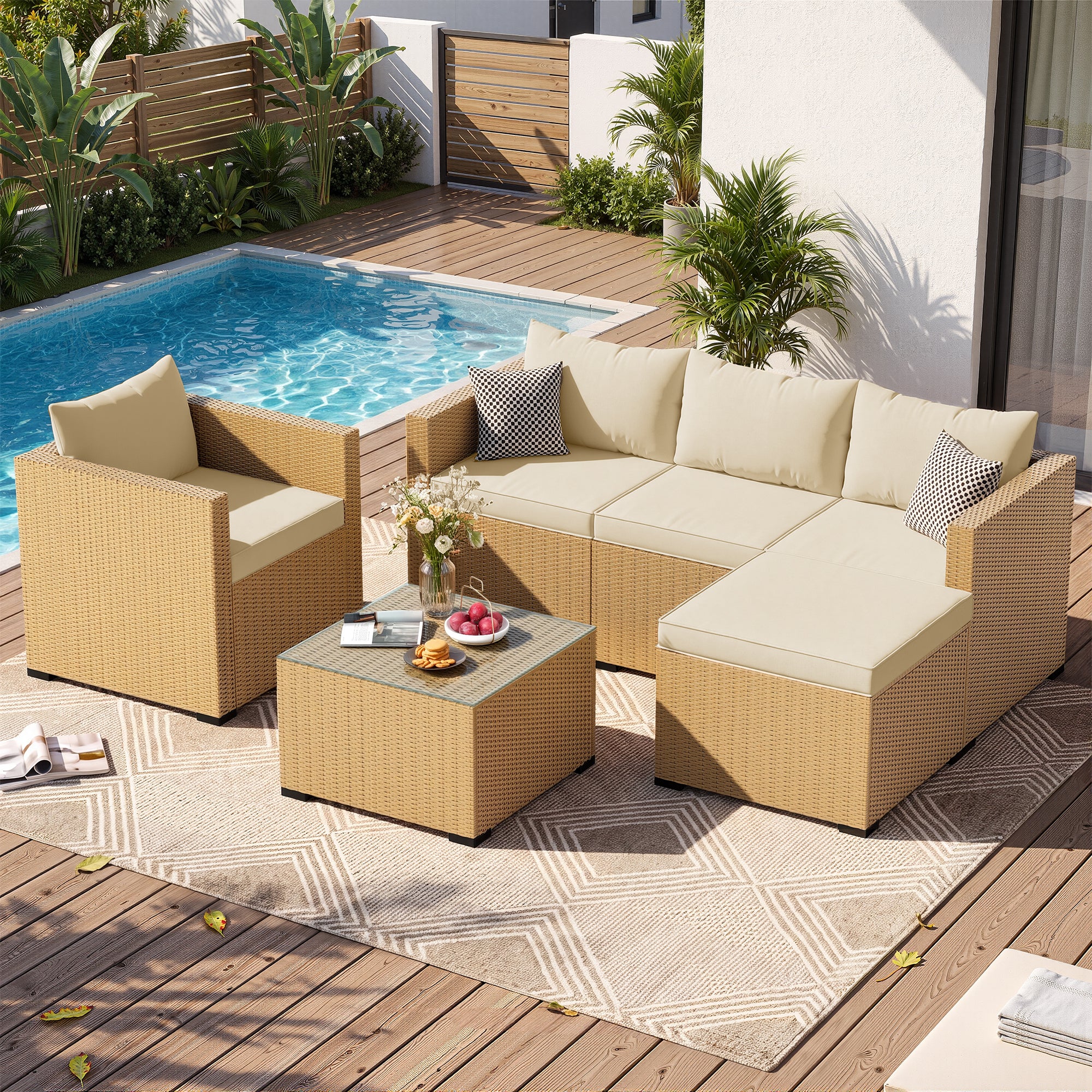 UDPATIO 6 Piece L Shaped Outdoor Couch, Patio Furniture Set, Beige
