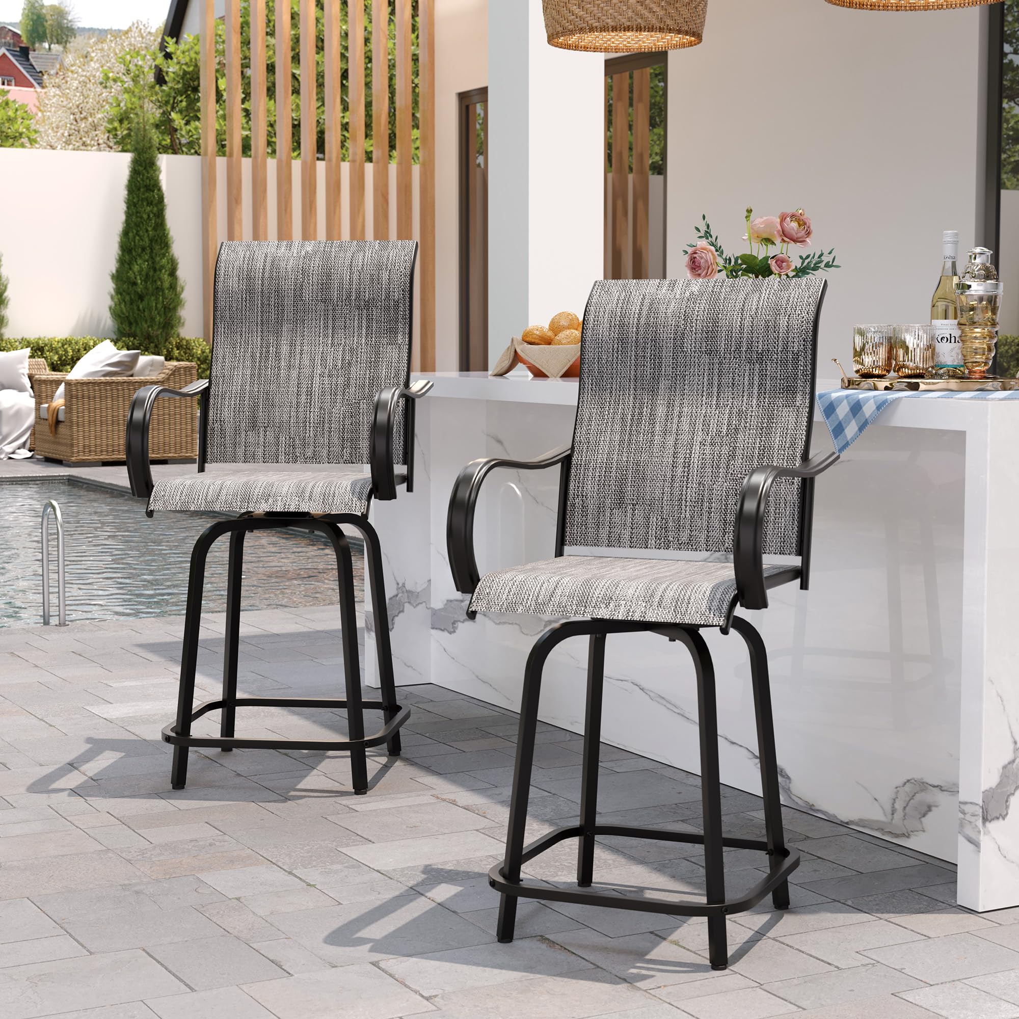 UDPATIO Outdoor Swivel Bar Stools Set of 2,Outdoor High Bistro Stools with Waterproof Textile Fabric,Armrest,Footrest,All Weather Bar Height Patio Chairs for Poolside, Garden, Backyard,Dark Grey