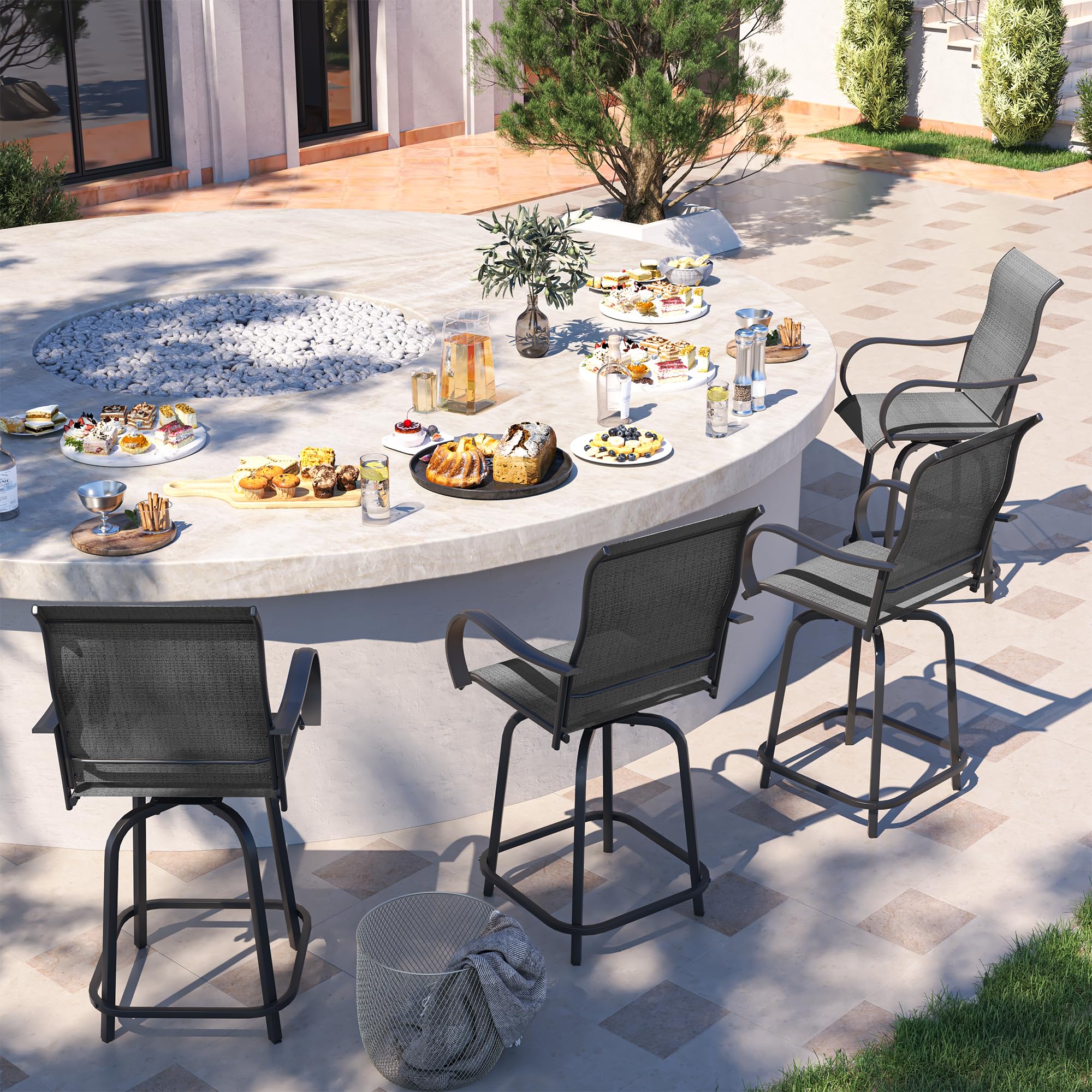 UDPATIO Outdoor Swivel Bar Stools Set of 4,Outdoor High Bistro Stools with Waterproof Textile Fabric,Armrest,Footrest,All Weather Bar Height Patio Chairs for Poolside, Garden, Backyard,Dark Grey
