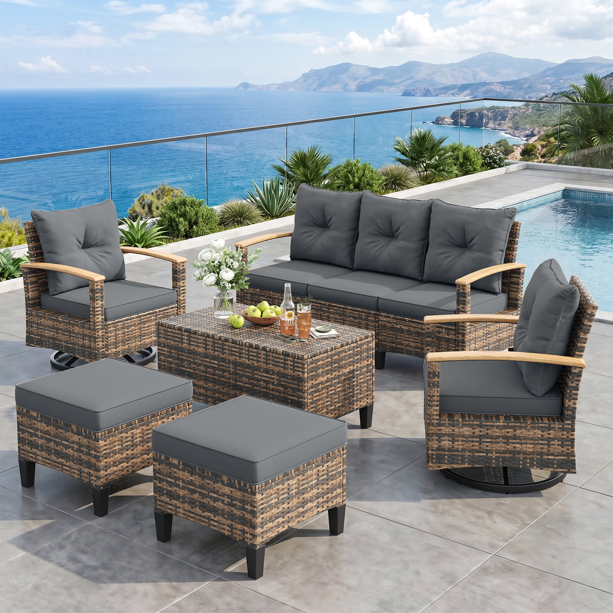 UDPATIO Patio Furniture Set with Swivel Chairs, 6 Pieces Outdoor Wicker Conversation Set with Storage Table for Lawn, Porch, Garden, Backyard, Grey