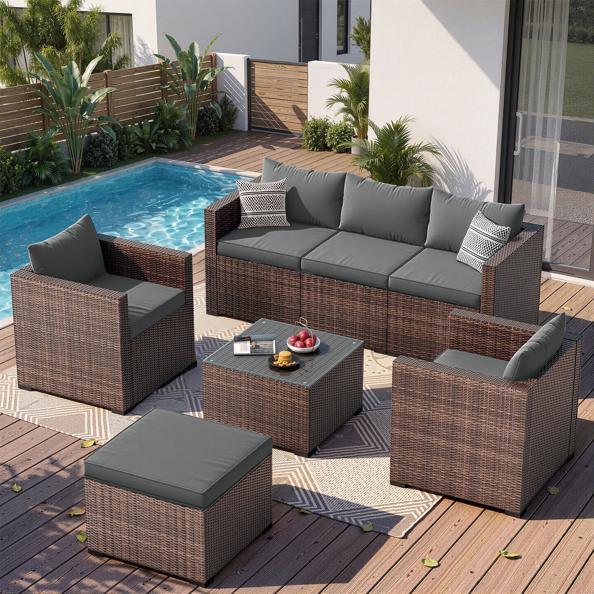 UDPATIO 7 Piece Patio Furniture Set, Outdoor Sectional Sofa, Grey