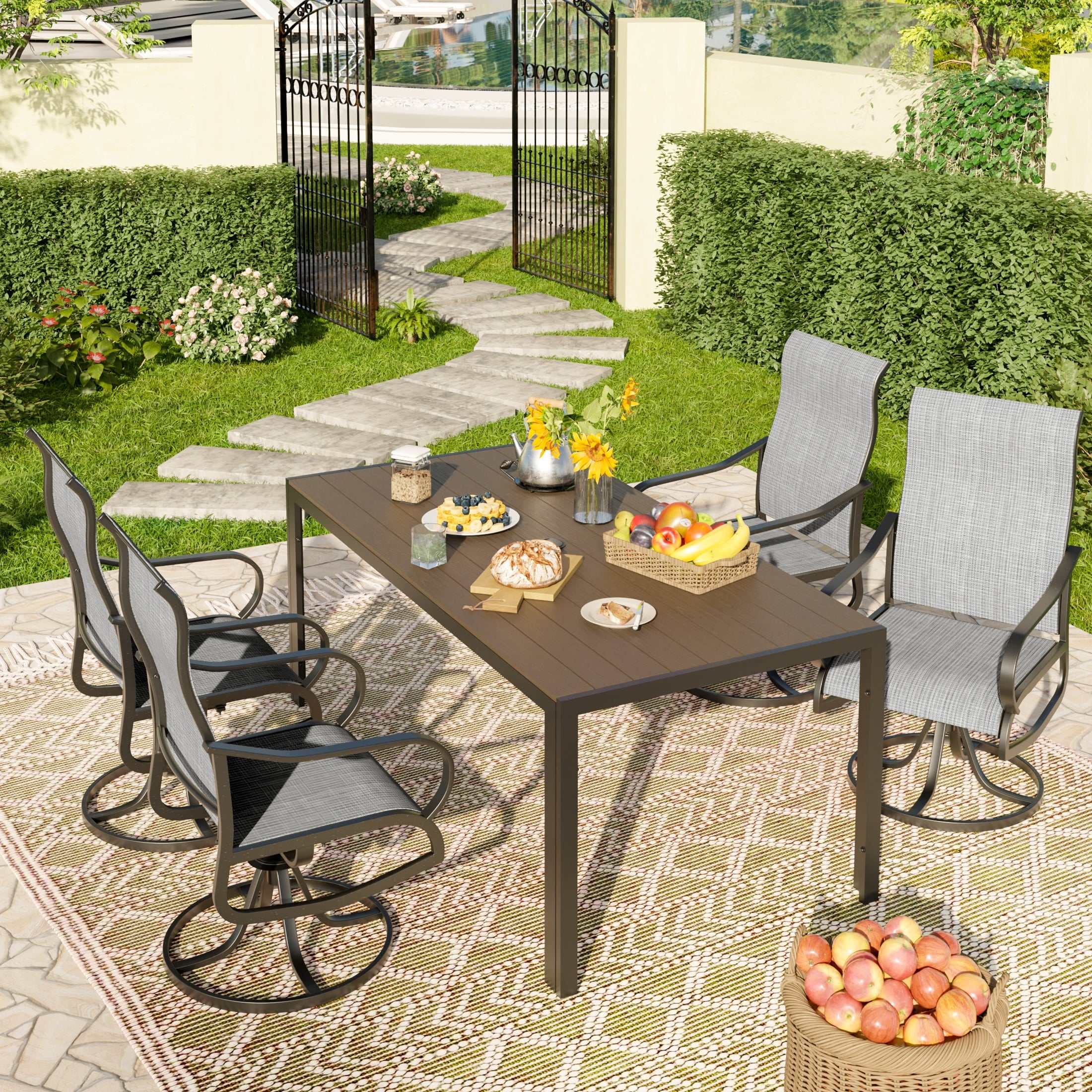 UDPATIO 5-Piece Outdoor Dining Set with High-Back Swivel Chairs & Iron Rectangle Table for 4-Person, Brown & Light Gray