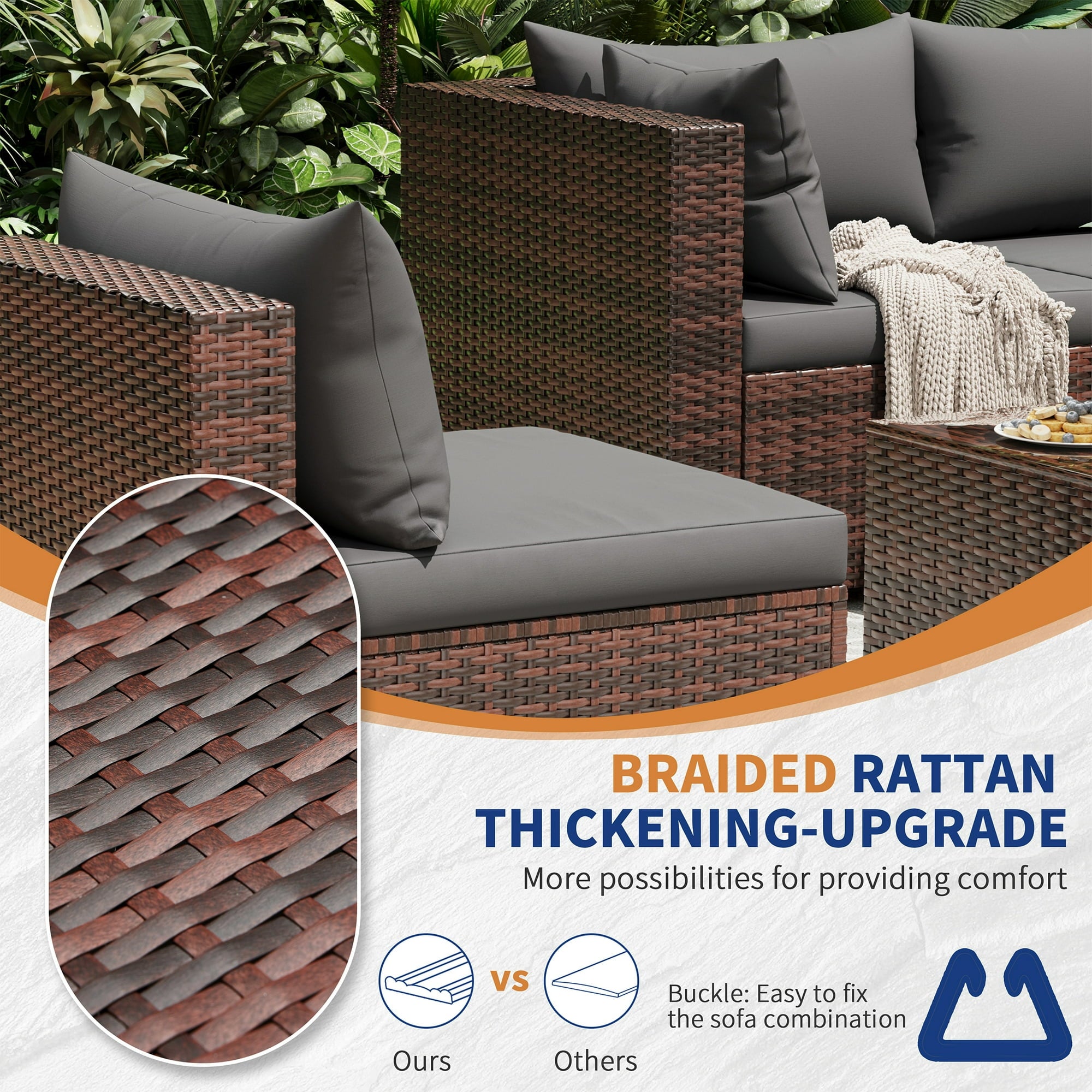 UDPATIO 7-Piece Rattan Outdoor Conversation Set with Glass Coffee Table, Grey