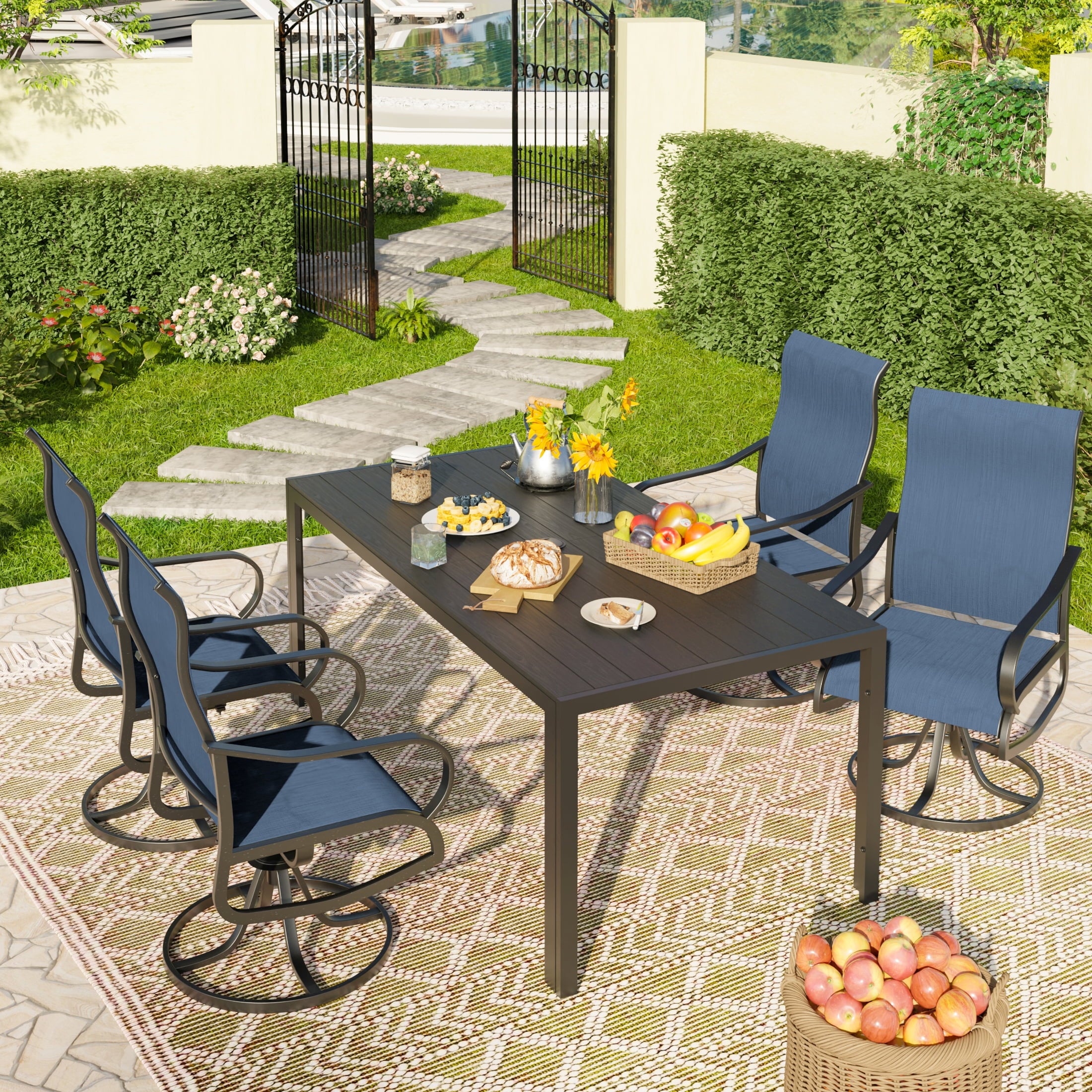 UDPATIO 5-Piece Outdoor Dining Set with High-Back Swivel Chairs & Iron Rectangle Table for 4-Person, Black & Navy Blue