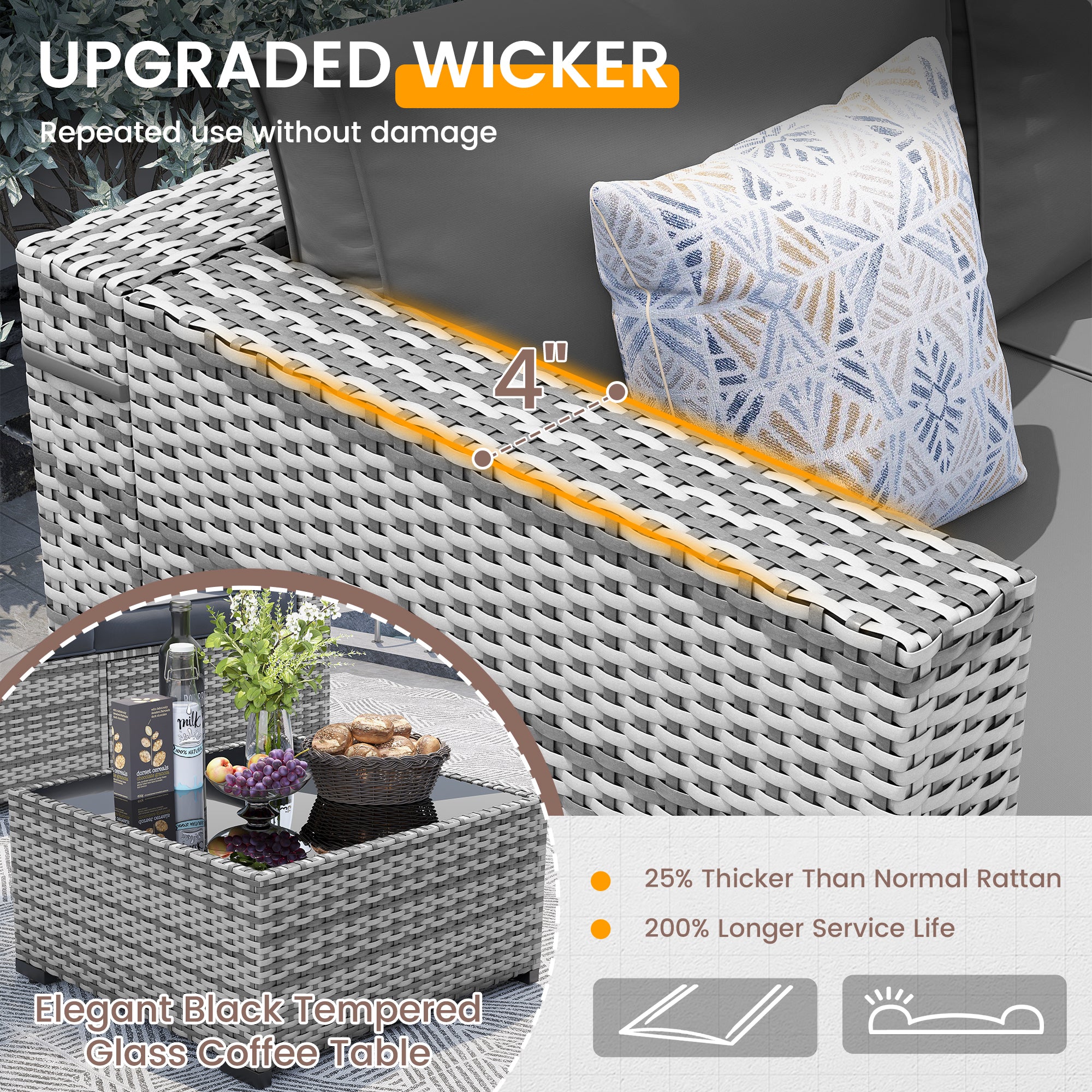 UDPATIO Patio Furniture Set with Fire Pit Table, 8 Pieces Outdoor Sectional Sofa, PE Wicker Patio Conversation Set for Garden, Backyard (Grey Cushions with Grey Rattan)