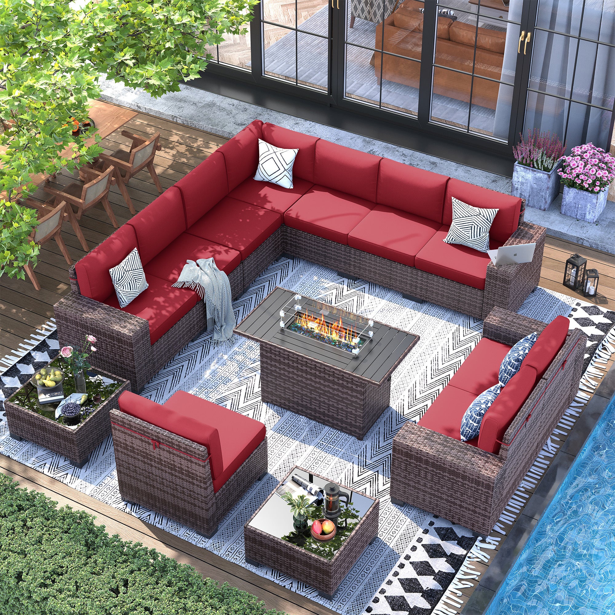 UDPATIO 13 Piece Patio Furniture Set with Fire Pit Table, 8''Wide Armrest Modular Rattan Outdoor Sectional Sofa Set,Wicker Patio Conversation Sets for Backyard,Deck w/ 4'' Cushions,Cover