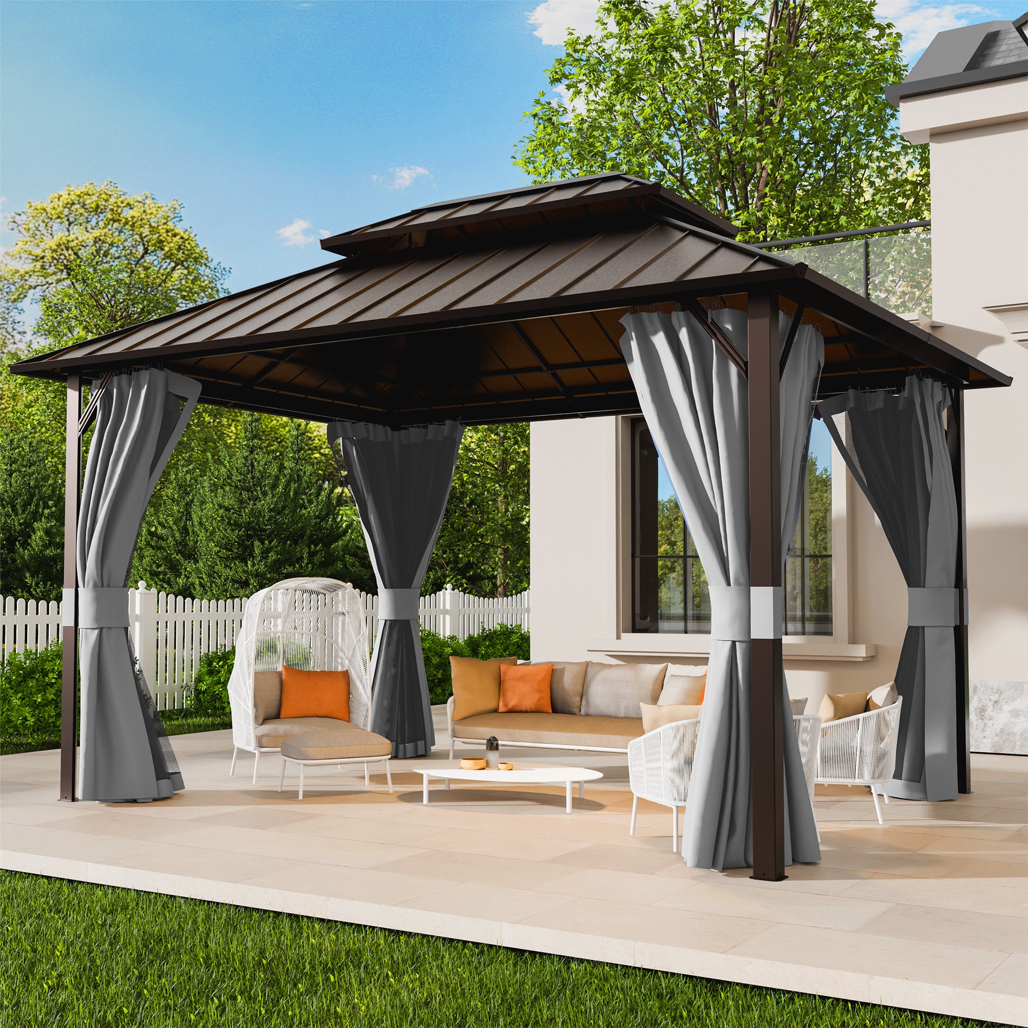 UDPATIO 12x14 Hardtop Gazebo, Aluminum Frame with Double Galvanized Steel Roof, Hard Top Patio Outdoor Metal Gazebos, Permanent Gazebo with Mosquito Netting and Curtain for Backyard, Deck, Porch, Gray