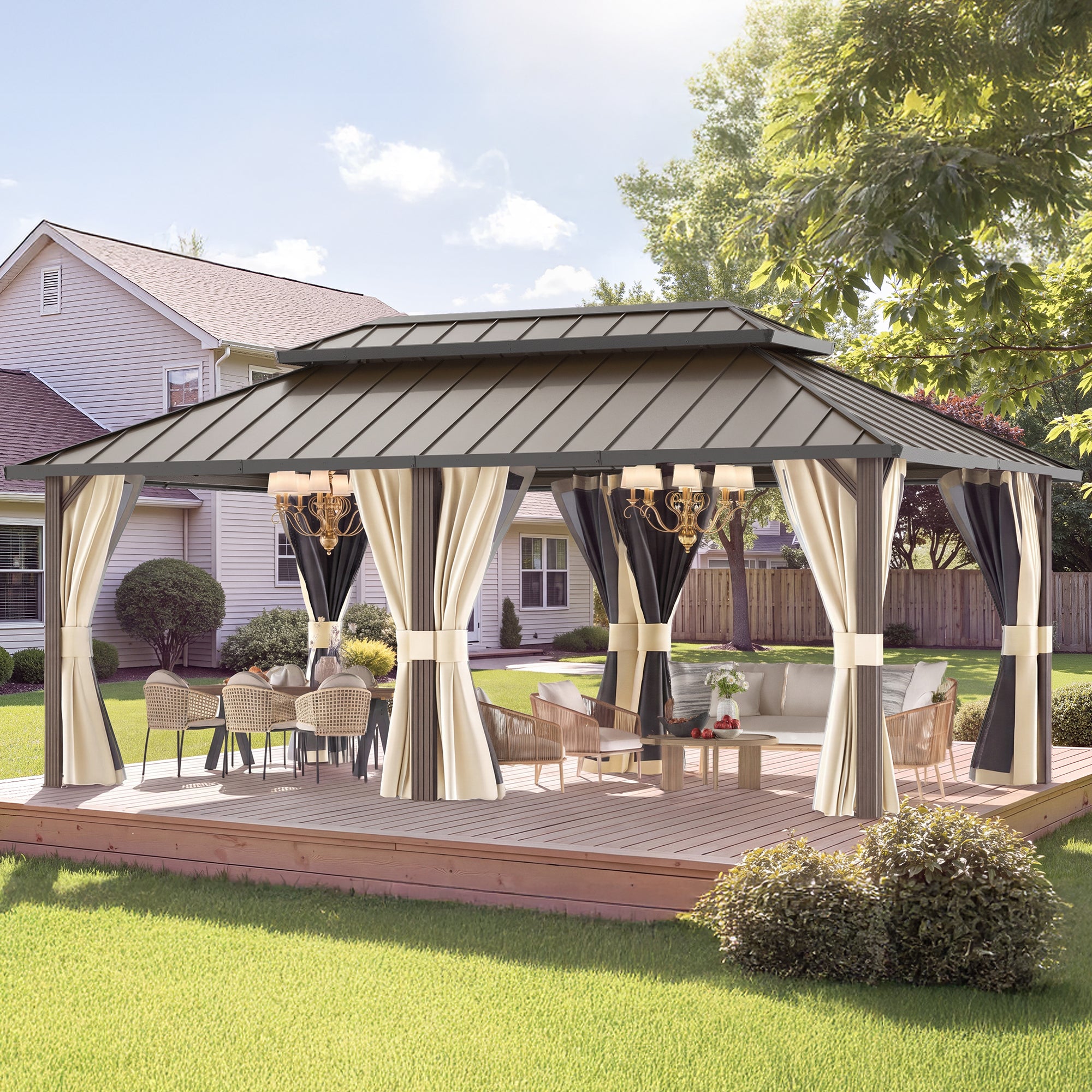 DPATIO 12'x20' Hardtop Aluminum Outdoor Gazebo with Double Roof, Beige