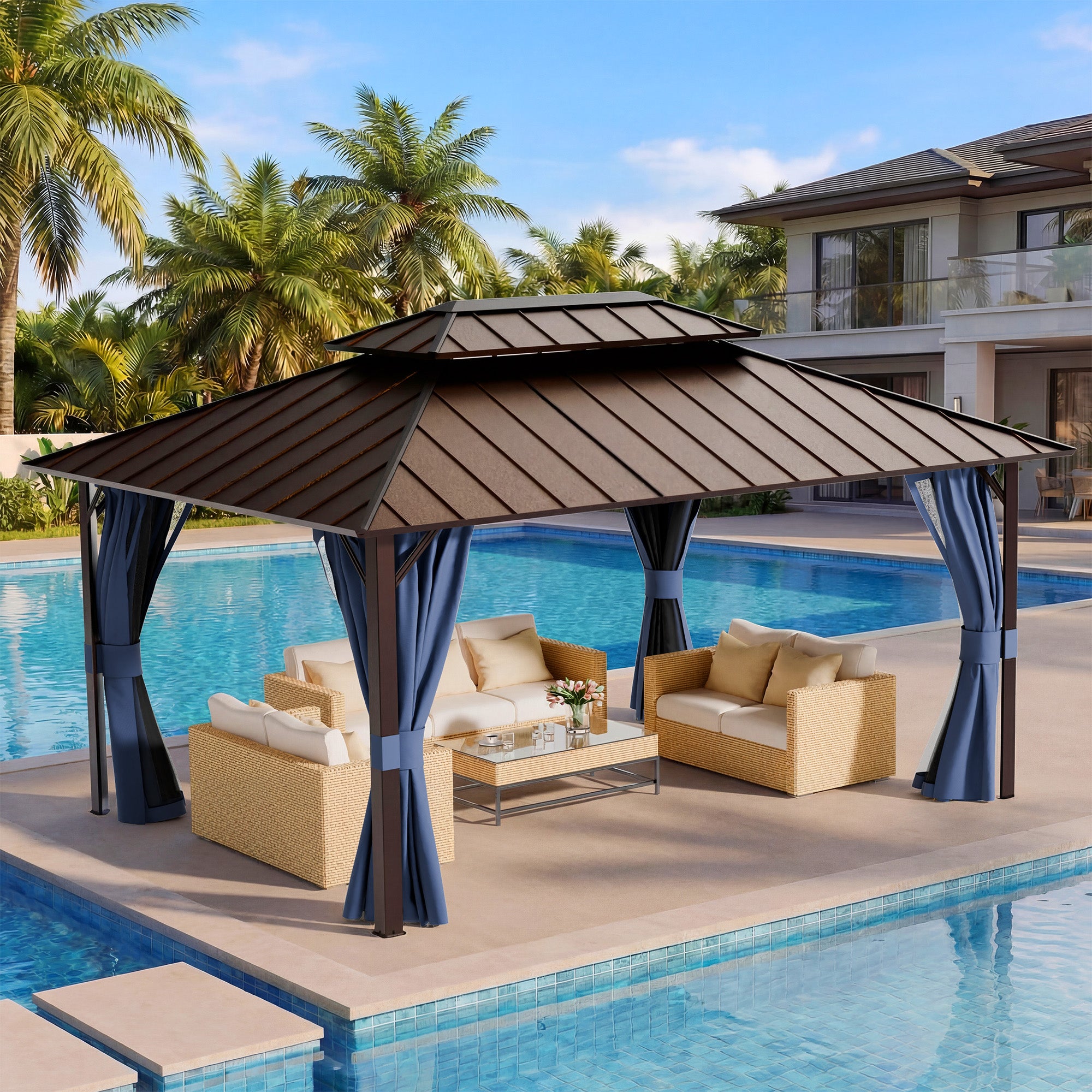 UDPATIO 12x16 Hardtop Gazebo, Aluminum Frame with Double Galvanized Steel Roof, Hard Top Patio Outdoor Metal Gazebos, Permanent Gazebo with Mosquito Netting and Curtain for Backyard, Deck, Navy Blue