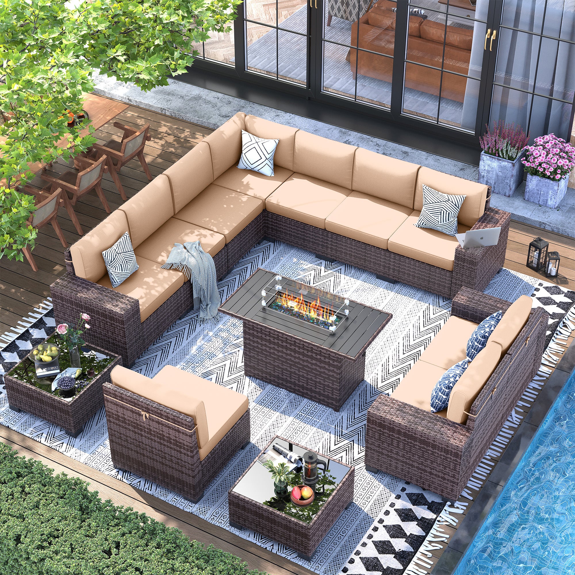 UDPATIO 13 Piece Patio Furniture Set with Fire Pit Table, 8''Wide Armrest Modular Rattan Outdoor Sectional Sofa Set,Wicker Patio Conversation Sets for Backyard,Deck w/ 4'' Cushions,Cover