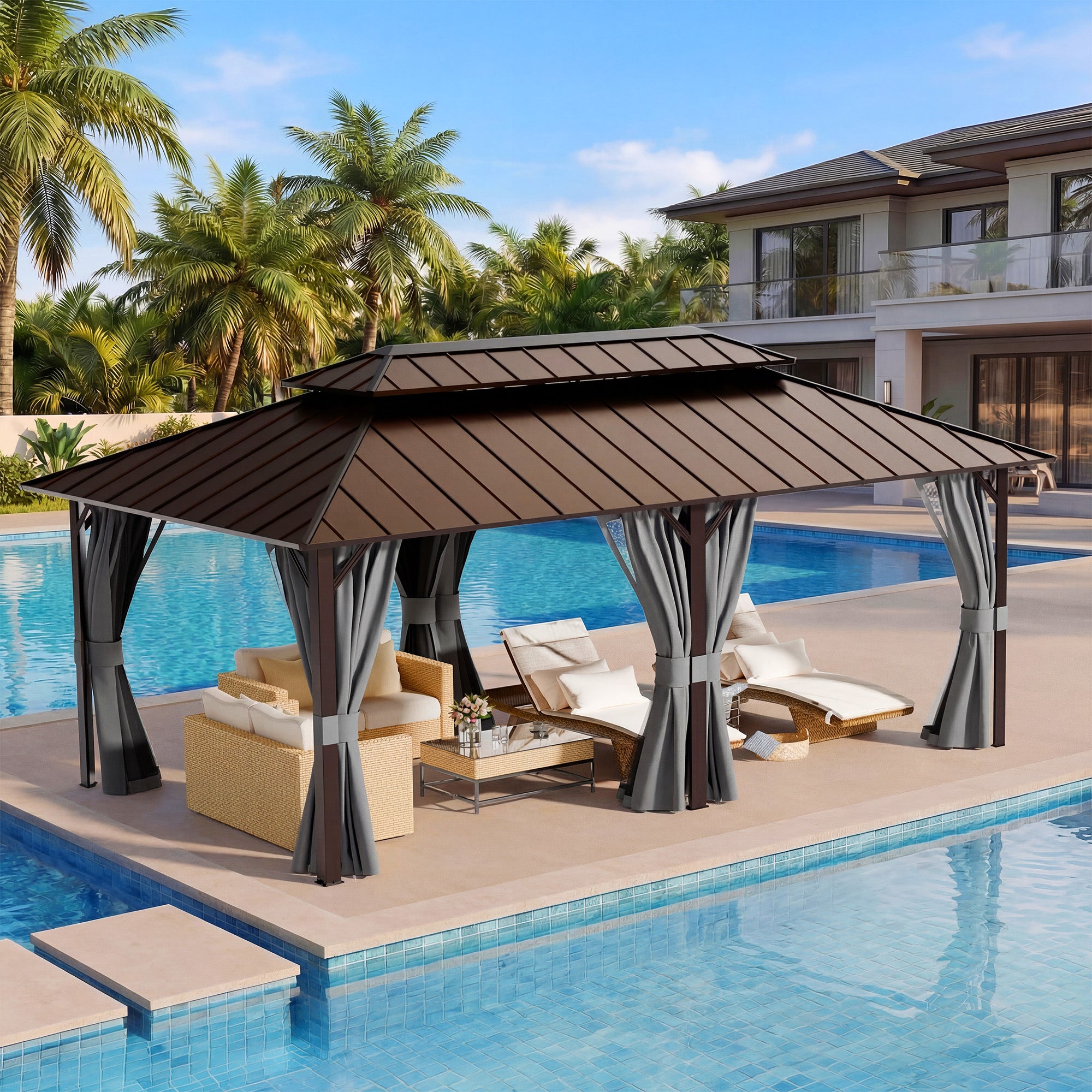 UDPATIO 12x20 Hardtop Gazebo, Aluminum Frame with Double Galvanized Steel Roof, Hard Top Heavy Duty Patio Outdoor Metal Gazebos, Permanent Gazebo with Mosquito Netting and Curtain for Backyard, Gray