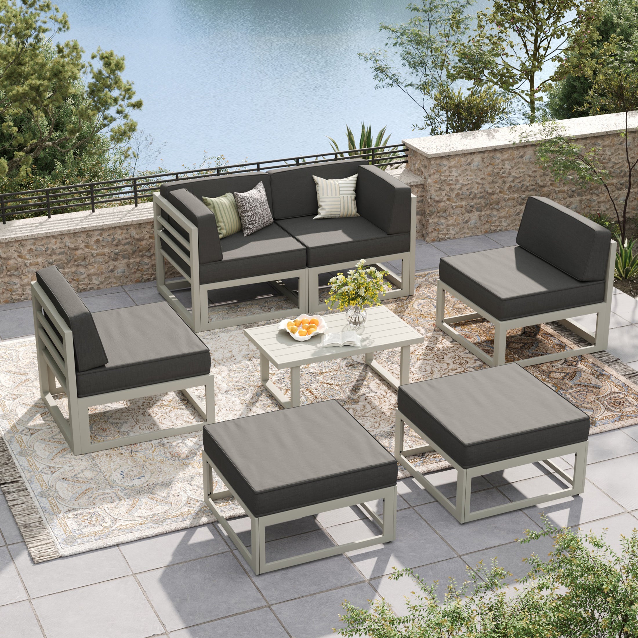 UDPATIO Aluminum Patio Furniture, Metal Patio Conversation Set with Waterproof Cover, 5 Inch Thick Cushions , Modern Outdoor Furniture for Deck & Backyard, Light Gray