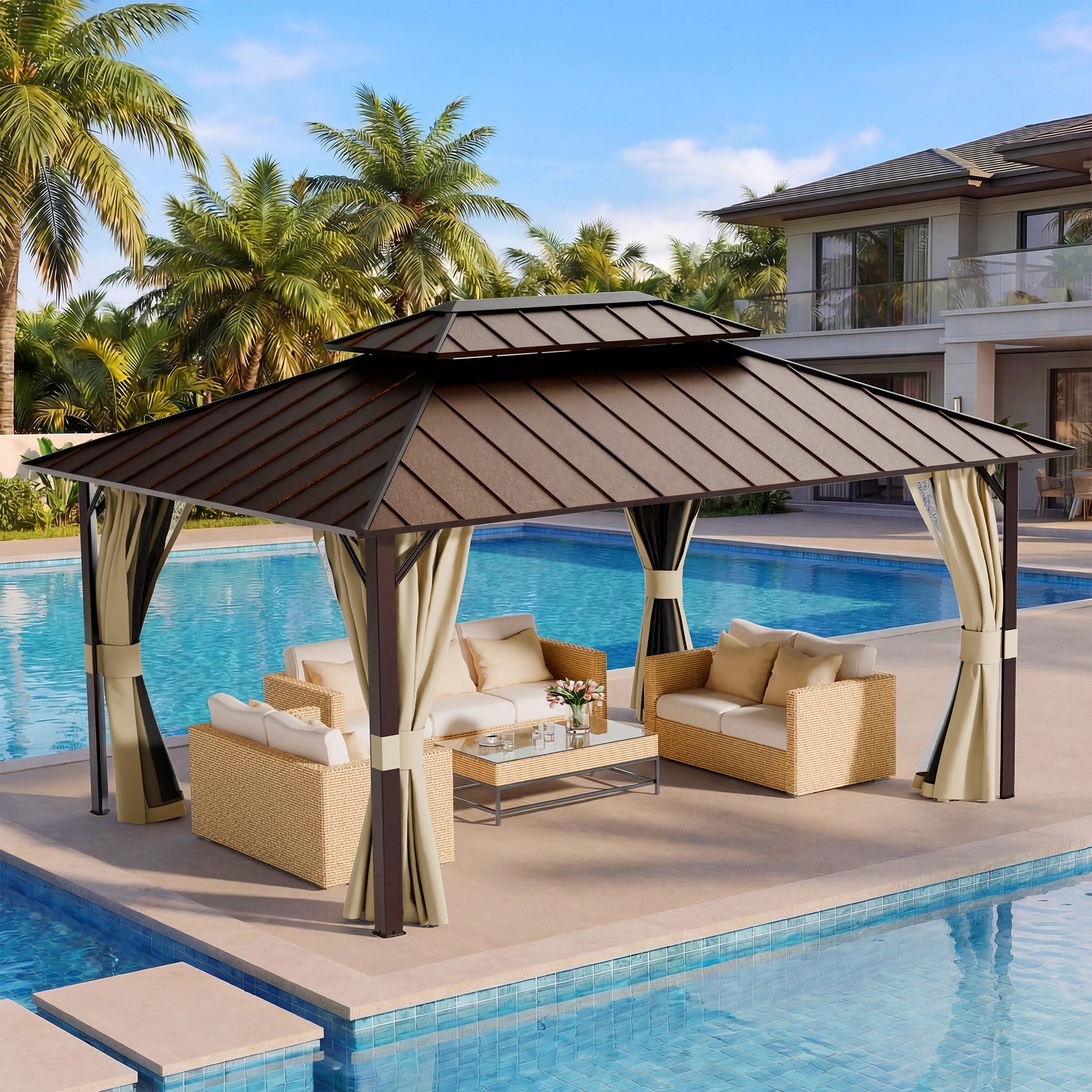 UDPATIO 12x16 Hardtop Gazebo, Aluminum Frame with Double Galvanized Steel Roof, Hard Top Patio Outdoor Metal Gazebos, Permanent Gazebo with Mosquito Netting and Curtain for Backyard, Deck, Beige