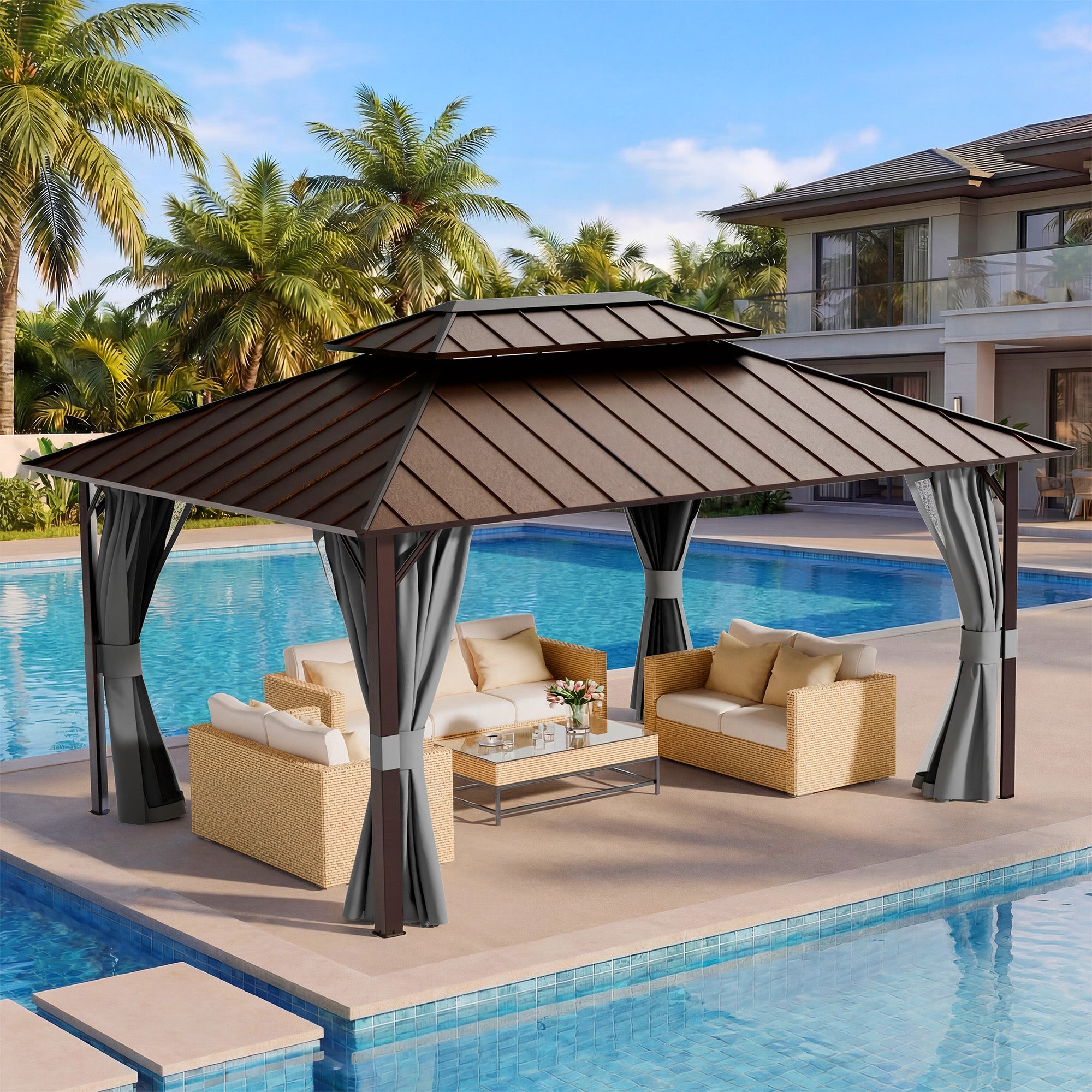 UDPATIO 12x16 Hardtop Gazebo, Aluminum Frame with Double Galvanized Steel Roof, Hard Top Patio Outdoor Metal Gazebos, Permanent Gazebo with Mosquito Netting and Curtain for Backyard, Deck, Porch, Gray
