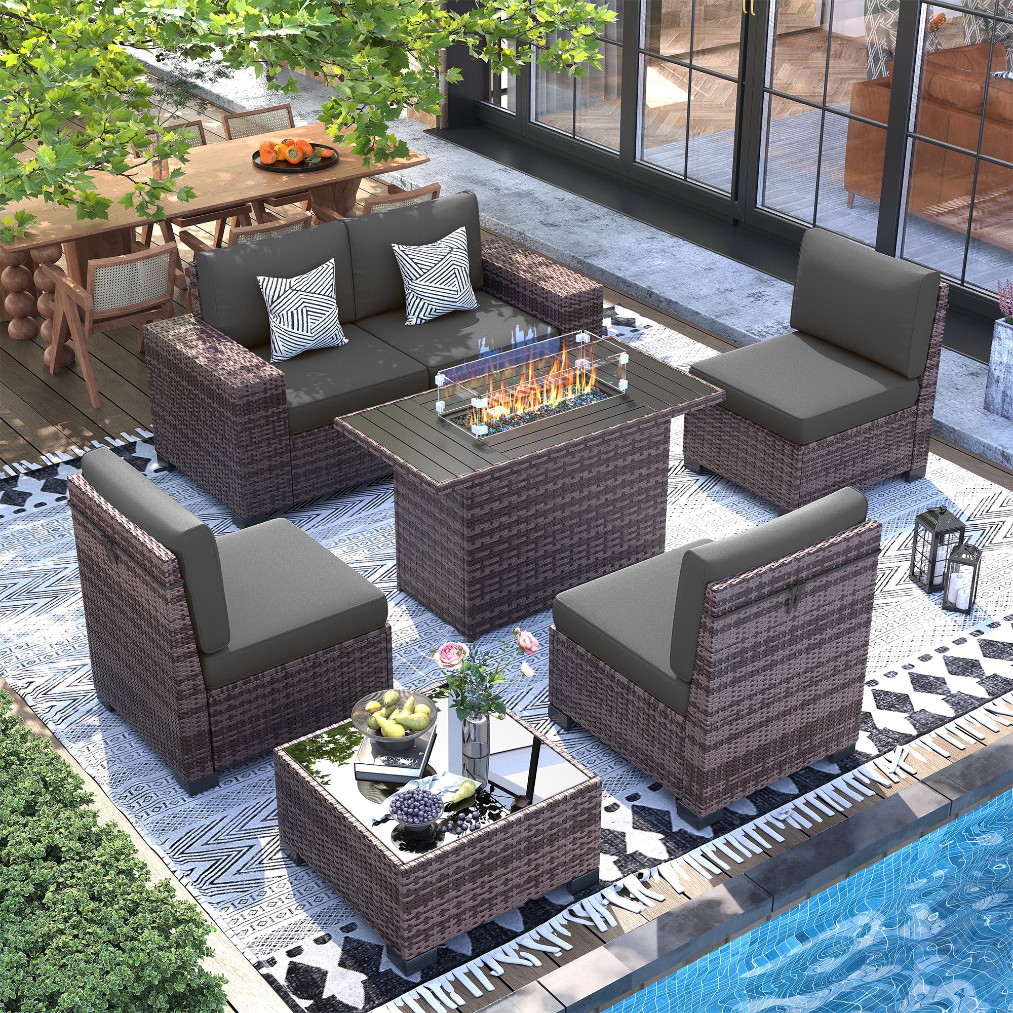 UDPATIO 7 Piece Patio Furniture Set with Fire Pit Table, 8''Wide Armrest Modular Rattan Outdoor Sectional Sofa Set,Wicker Patio Conversation Sets for Backyard,Deck w/ 4'' Cushions,Cover
