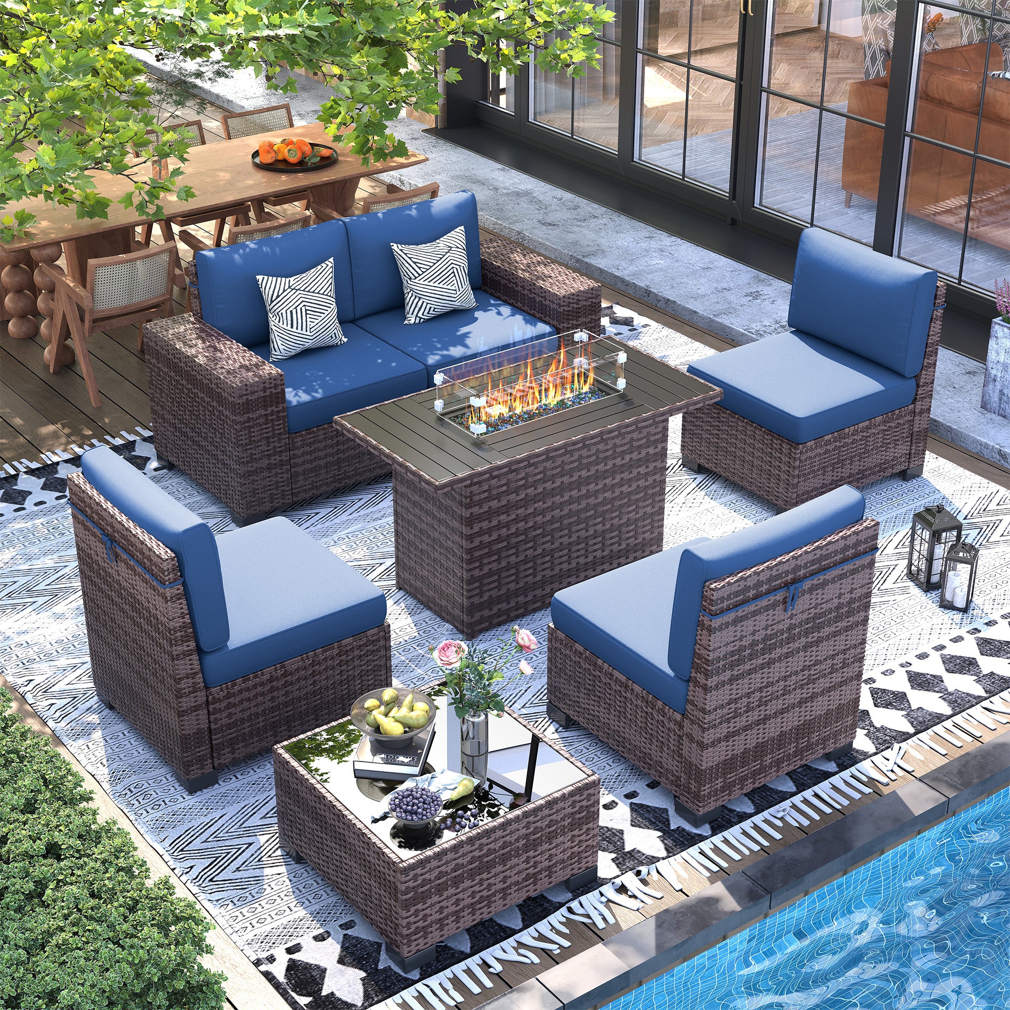 UDPATIO 7 Piece Patio Furniture Set with Fire Pit Table, 8''Wide Armrest Modular Rattan Outdoor Sectional Sofa Set,Wicker Patio Conversation Sets for Backyard,Deck w/ 4'' Cushions,Cover