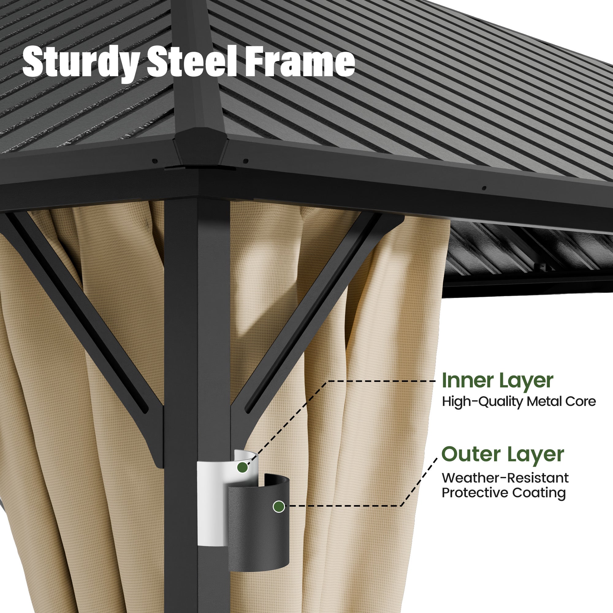 UDPATIO 10x10 Hardtop Gazebo, Metal Gazebo with Galvanized Steel Roof, Hard Top Patio Gazebos, Outdoor Permanent Gazebo with Mosquito Netting and Curtain for Backyard, Deck, Porch, Lawns, Beige