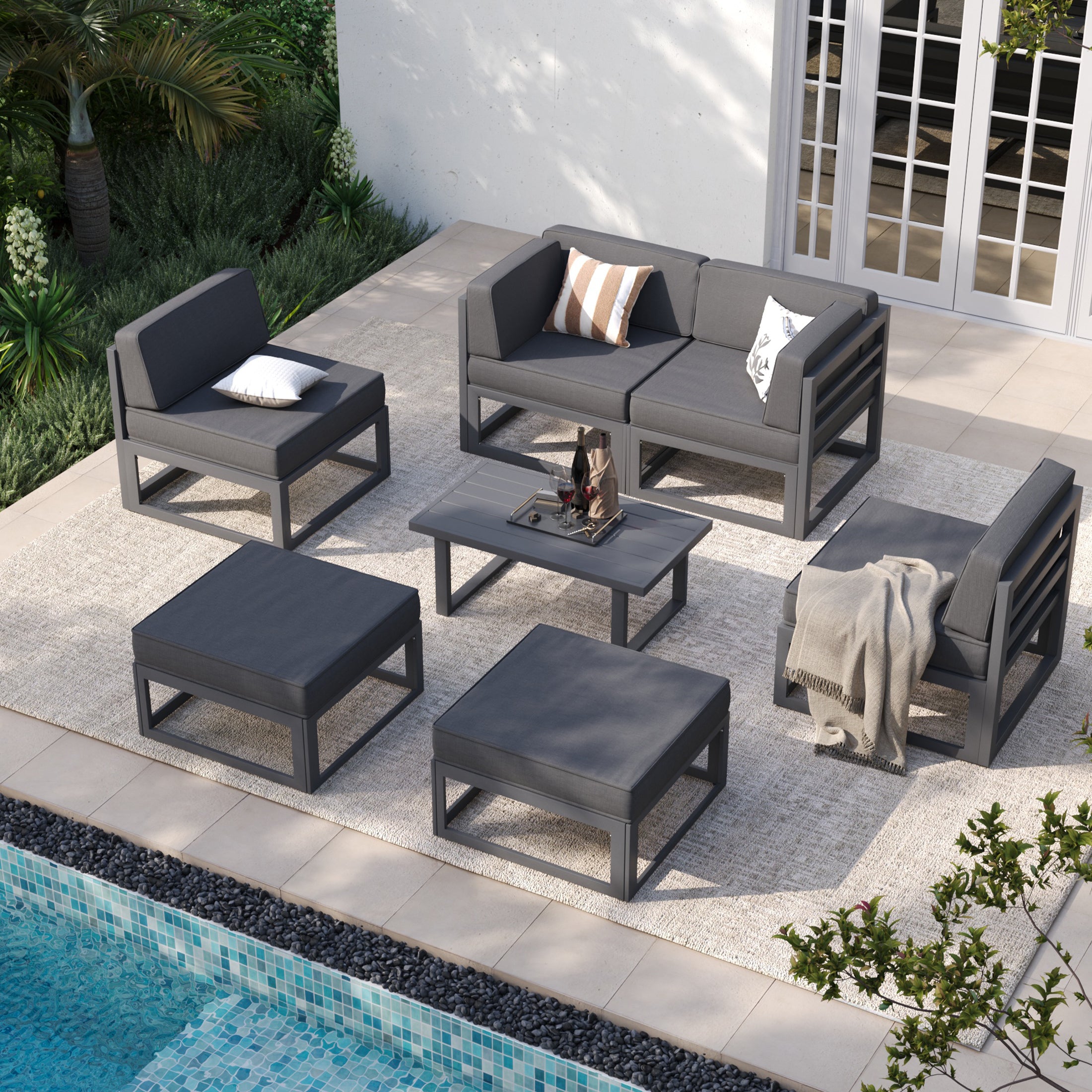 UDPATIO Aluminum Patio Furniture, Metal Patio Conversation Set with Waterproof Cover, 5 Inch Thick Cushions , Modern Outdoor Furniture for Deck & Backyard, Dark Gray