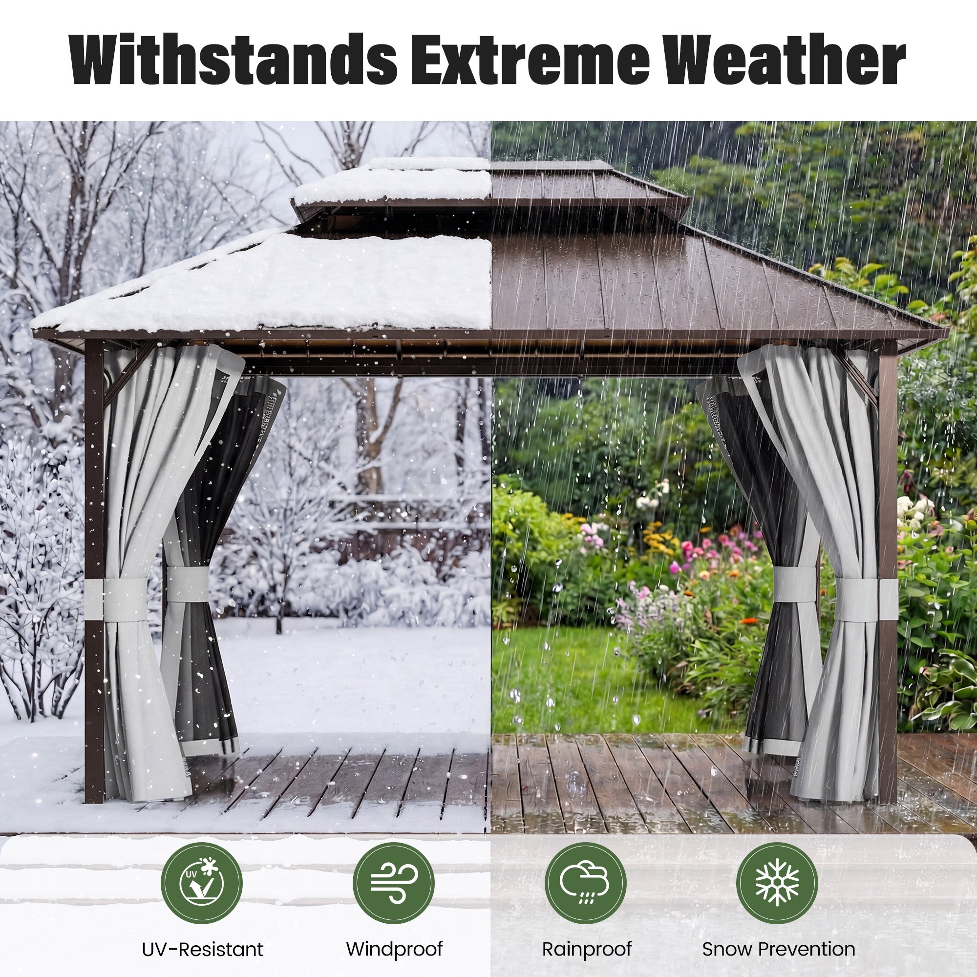 UDPATIO 12x14 Hardtop Gazebo, Aluminum Frame with Double Galvanized Steel Roof, Hard Top Patio Outdoor Metal Gazebos, Permanent Gazebo with Mosquito Netting and Curtain for Backyard, Deck, Porch, Gray