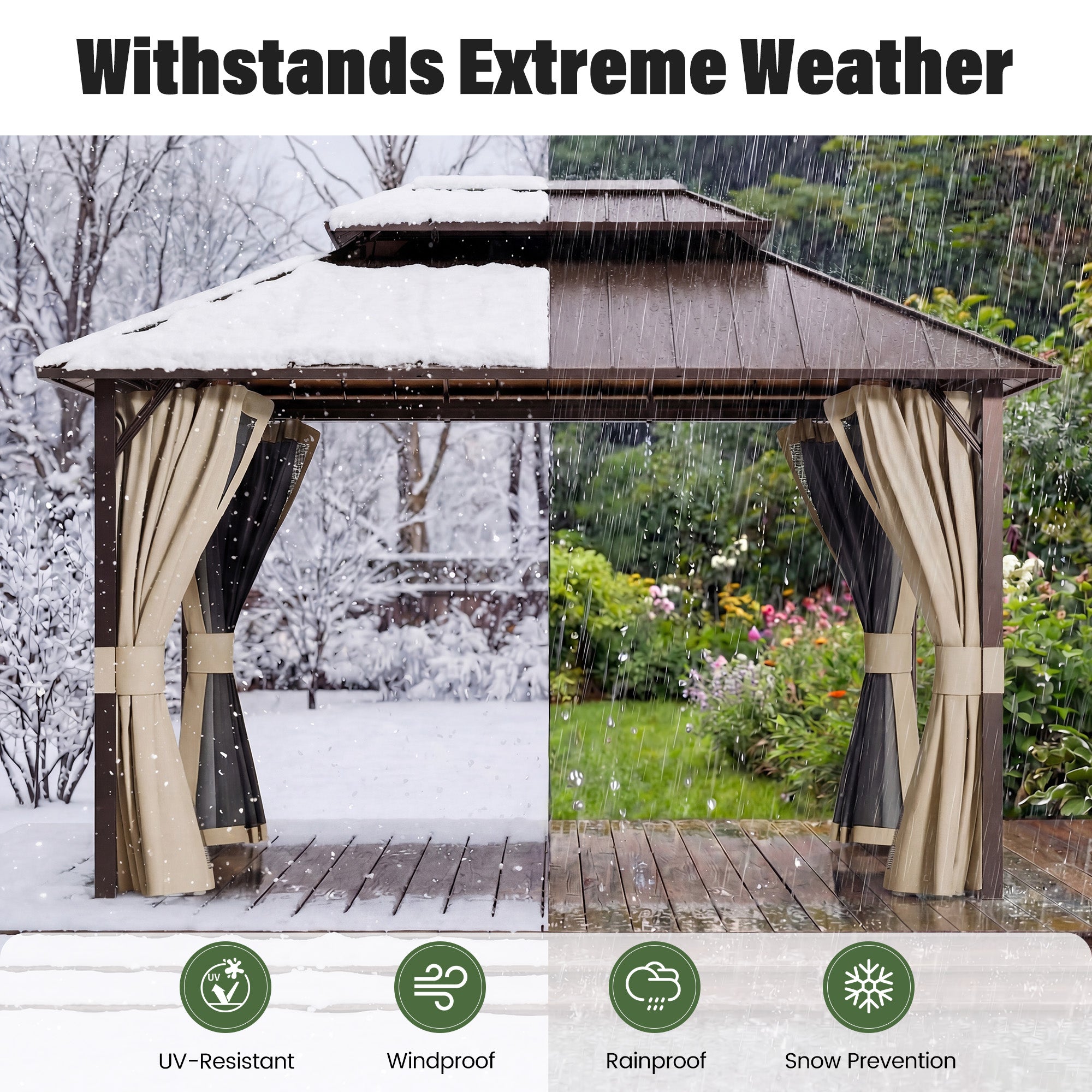 UDPATIO 12x14 Hardtop Gazebo, Aluminum Frame with Double Galvanized Steel Roof, Hard Top Patio Outdoor Metal Gazebos, Permanent Gazebo with Mosquito Netting and Curtain for Backyard, Deck, Beige
