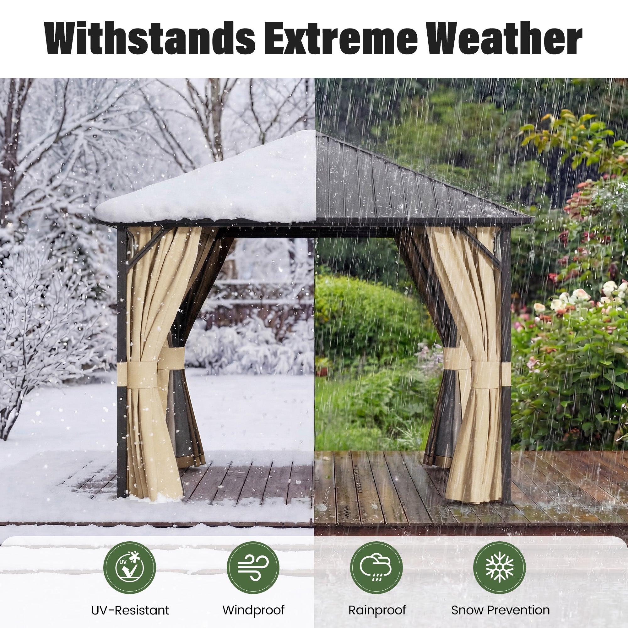 UDPATIO 10x10 Hardtop Gazebo, Metal Gazebo with Galvanized Steel Roof, Hard Top Patio Gazebos, Outdoor Permanent Gazebo with Mosquito Netting and Curtain for Backyard, Deck, Porch, Lawns, Beige