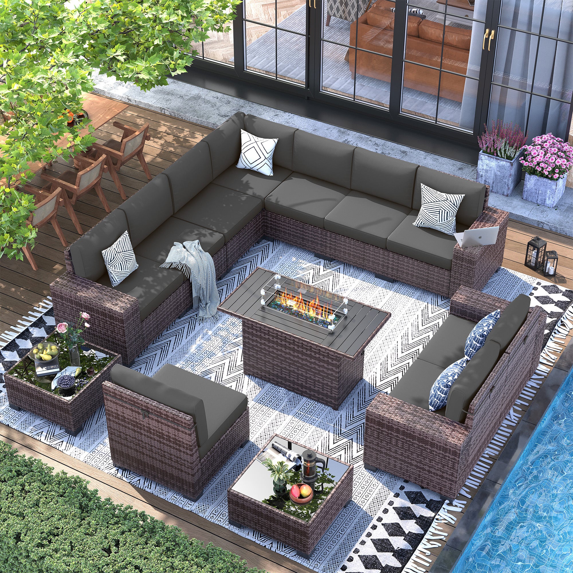 UDPATIO 13 Piece Patio Furniture Set with Fire Pit Table, 8''Wide Armrest Modular Rattan Outdoor Sectional Sofa Set,Wicker Patio Conversation Sets for Backyard,Deck w/ 4'' Cushions,Cover