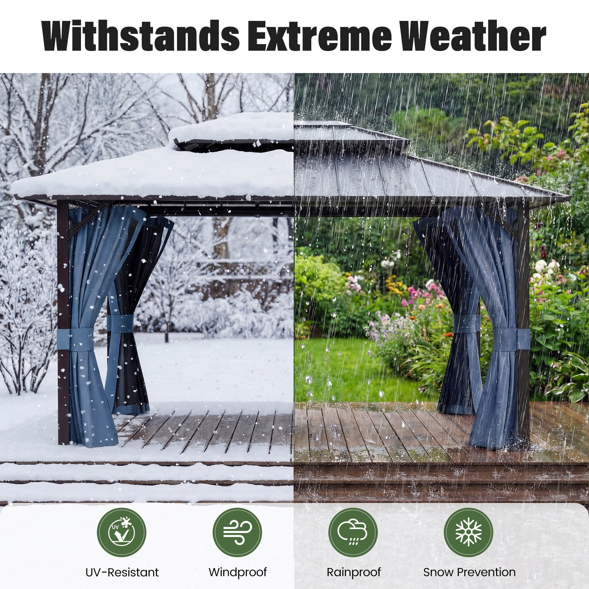 UDPATIO 10x12 Hardtop Gazebo, Aluminum Frame with Double Galvanized Steel Roof, Hard Top Patio Outdoor Metal Gazebos, Permanent Gazebo with Mosquito Netting and Curtain for Backyard, Deck, Navy Blue