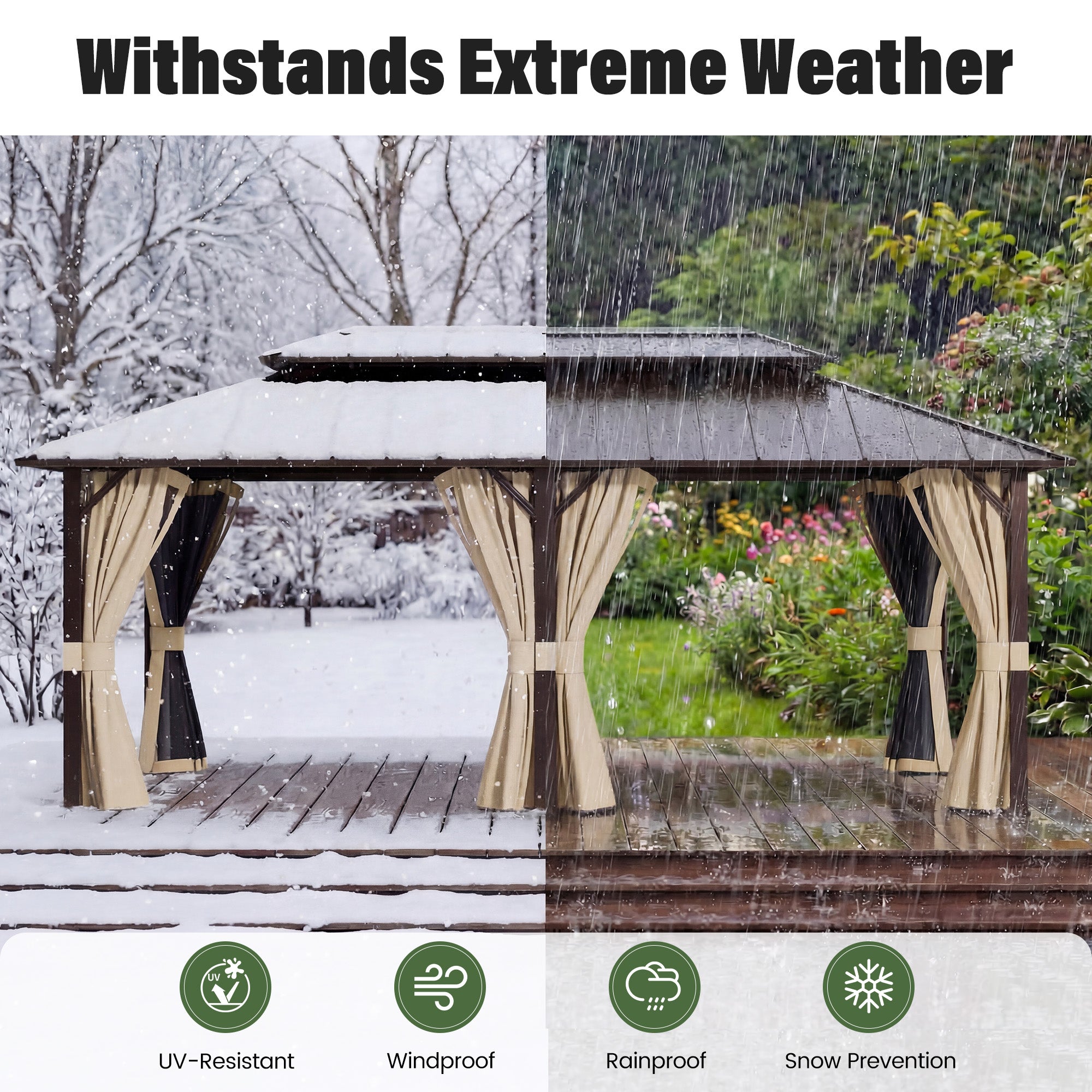 UDPATIO 12x20 Hardtop Gazebo, Aluminum Frame with Double Galvanized Steel Roof, Hard Top Heavy Duty Patio Outdoor Metal Gazebos, Permanent Gazebo with Mosquito Netting and Curtain for Backyard, Beige
