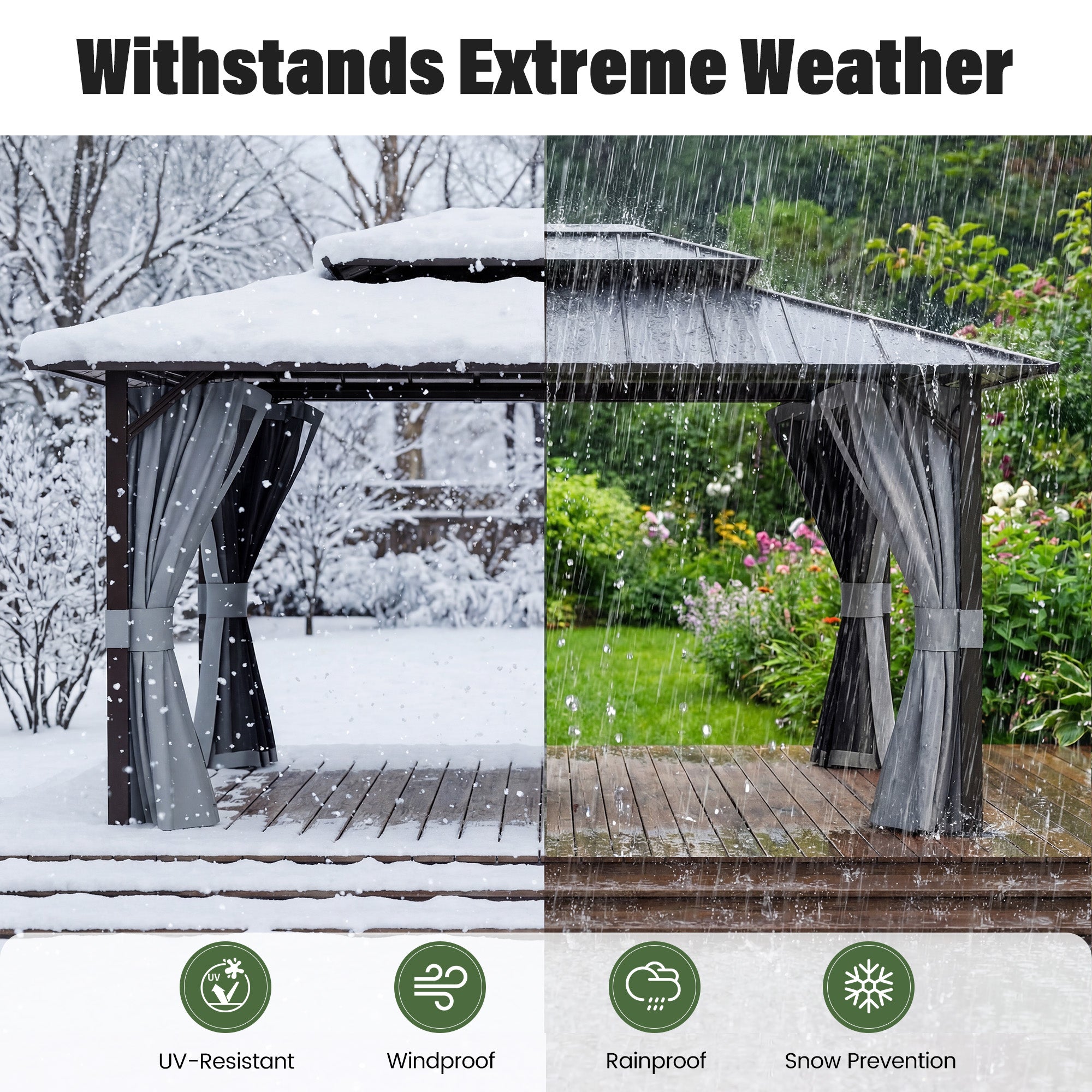 UDPATIO 10x12 Hardtop Gazebo, Aluminum Frame with Double Galvanized Steel Roof, Hard Top Patio Outdoor Metal Gazebos, Permanent Gazebo with Mosquito Netting and Curtain for Backyard, Deck, Porch, Gray