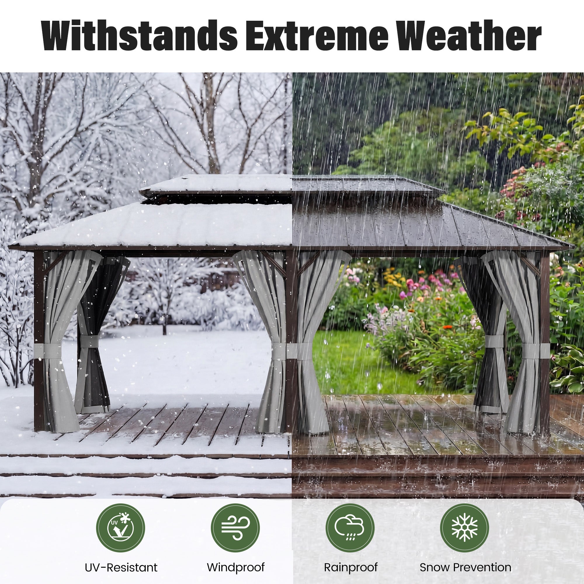 UDPATIO 12x20 Hardtop Gazebo, Aluminum Frame with Double Galvanized Steel Roof, Hard Top Heavy Duty Patio Outdoor Metal Gazebos, Permanent Gazebo with Mosquito Netting and Curtain for Backyard, Gray