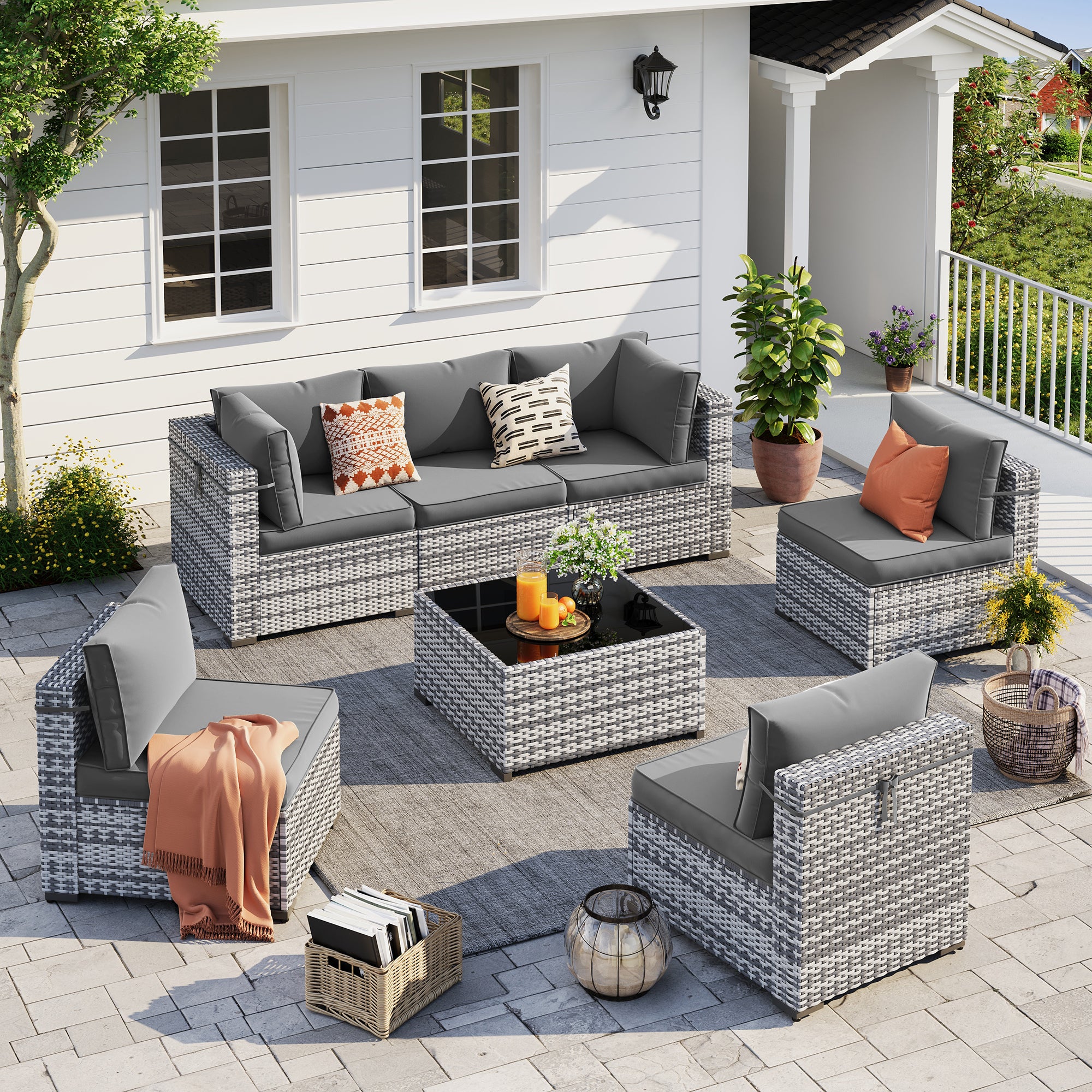 UDPATIO Outdoor Patio Furniture Set, 7-Piece PE Wicker Sectional Sofa with Tea Table, Outdoor Conversation Set for Patio, Garden, Backyard (Grey Cushions with Grey Rattan)