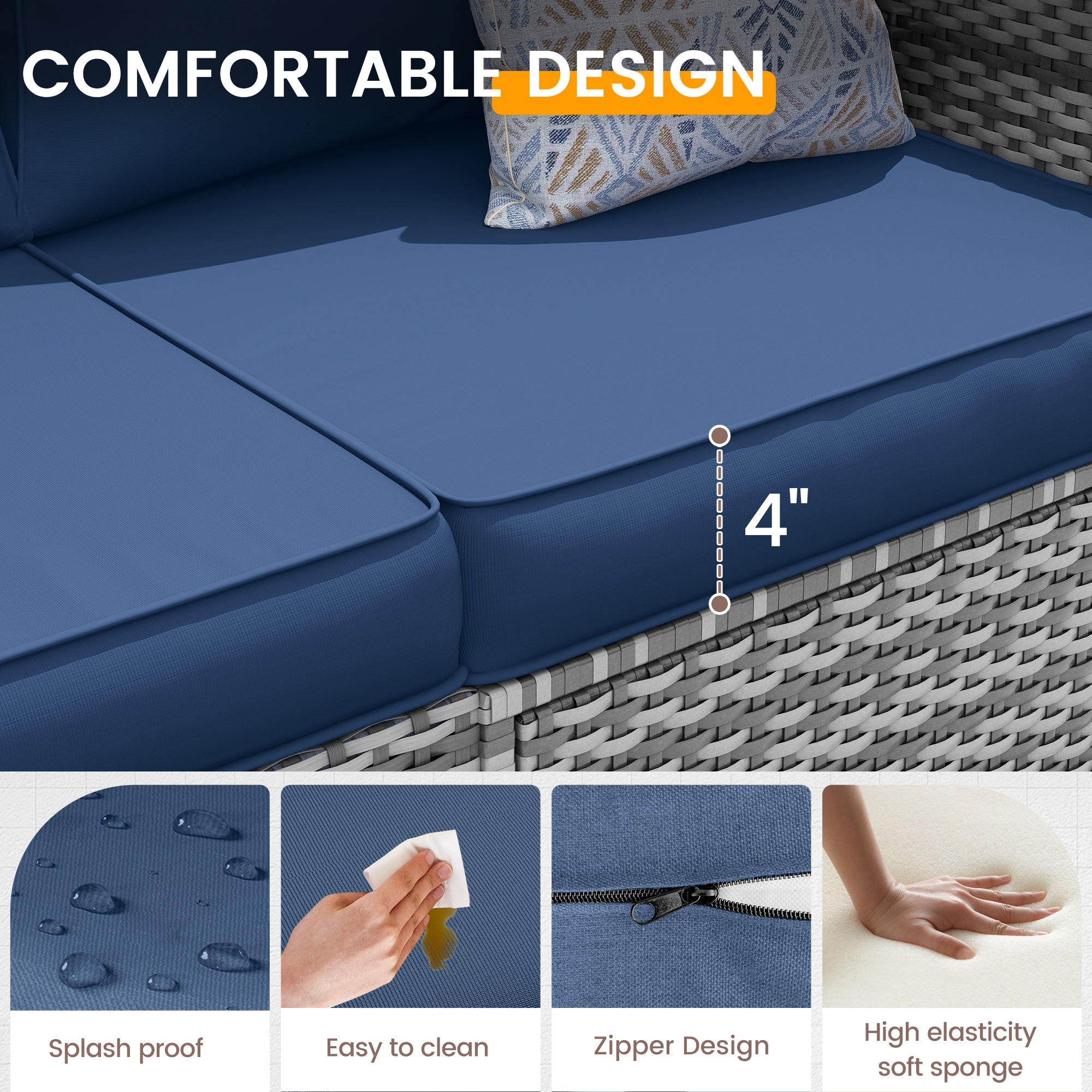 UDPATIO Outdoor Patio Furniture Set, 7-Piece PE Wicker Sectional Sofa with Tea Table, Outdoor Conversation Set for Patio, Garden, Backyard (Blue Cushions with Grey Rattan)