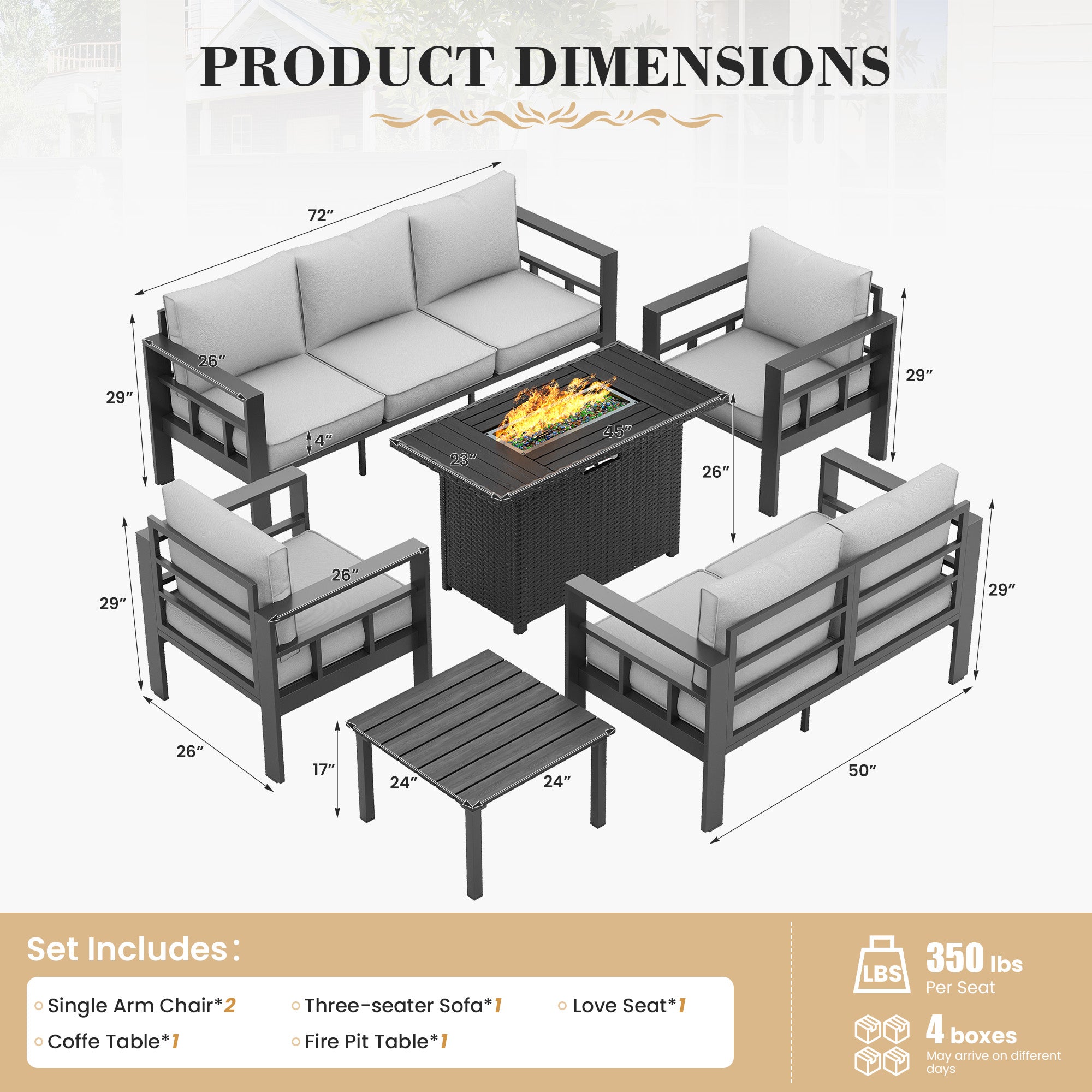 UDPATIO Aluminum Outdoor Furniture Set with Fire Pit Table, 6 Pieces All-Weather & UV-Resistant Patio Sectional Sofa Set for Deck, Backyard, Poolside, Light Gray