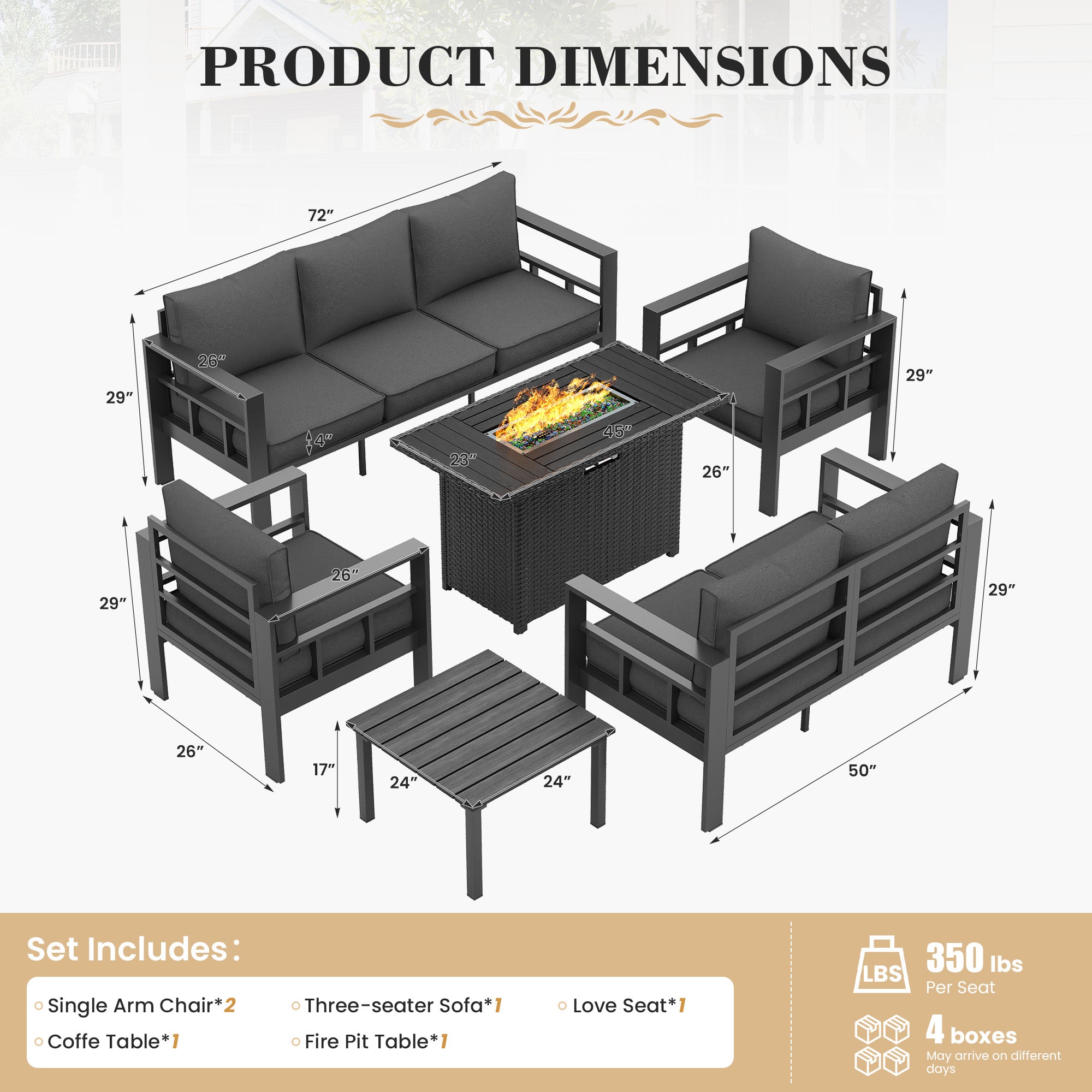 UDPATIO Aluminum Outdoor Furniture Set with Fire Pit Table, 6 Pieces All-Weather & UV-Resistant Patio Sectional Sofa Set for Deck, Backyard, Poolside, Dark Gray