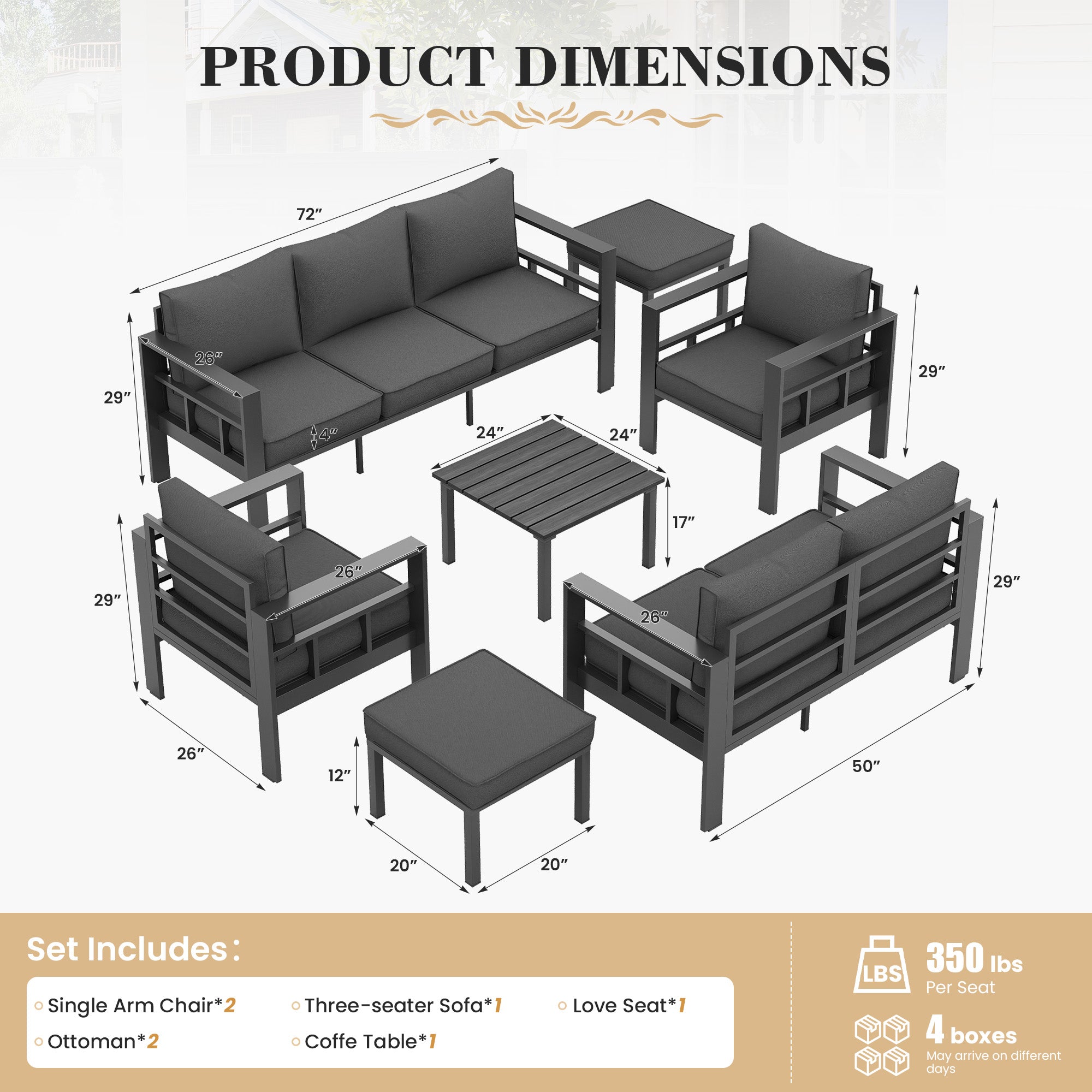 UDPATIO Aluminum Outdoor Furniture Set with 2 Ottomans, 7 Pieces All-Weather & UV-Resistant Patio Sectional Sofa Set for Deck, Backyard, Poolside, Dark Gray