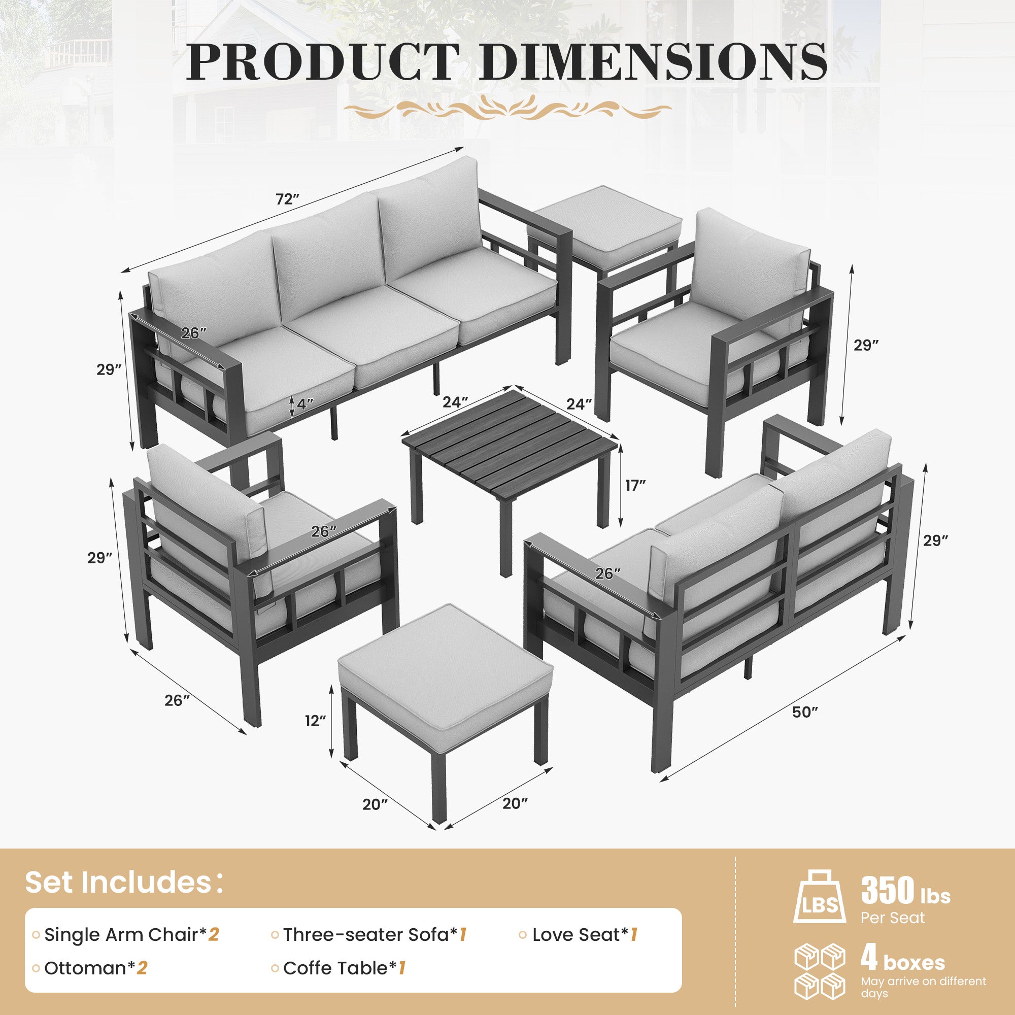 UDPATIO Aluminum Outdoor Furniture Set with 2 Ottomans, 7 Pieces All-Weather & UV-Resistant Patio Sectional Sofa Set for Deck, Backyard, Poolside, Light Gray