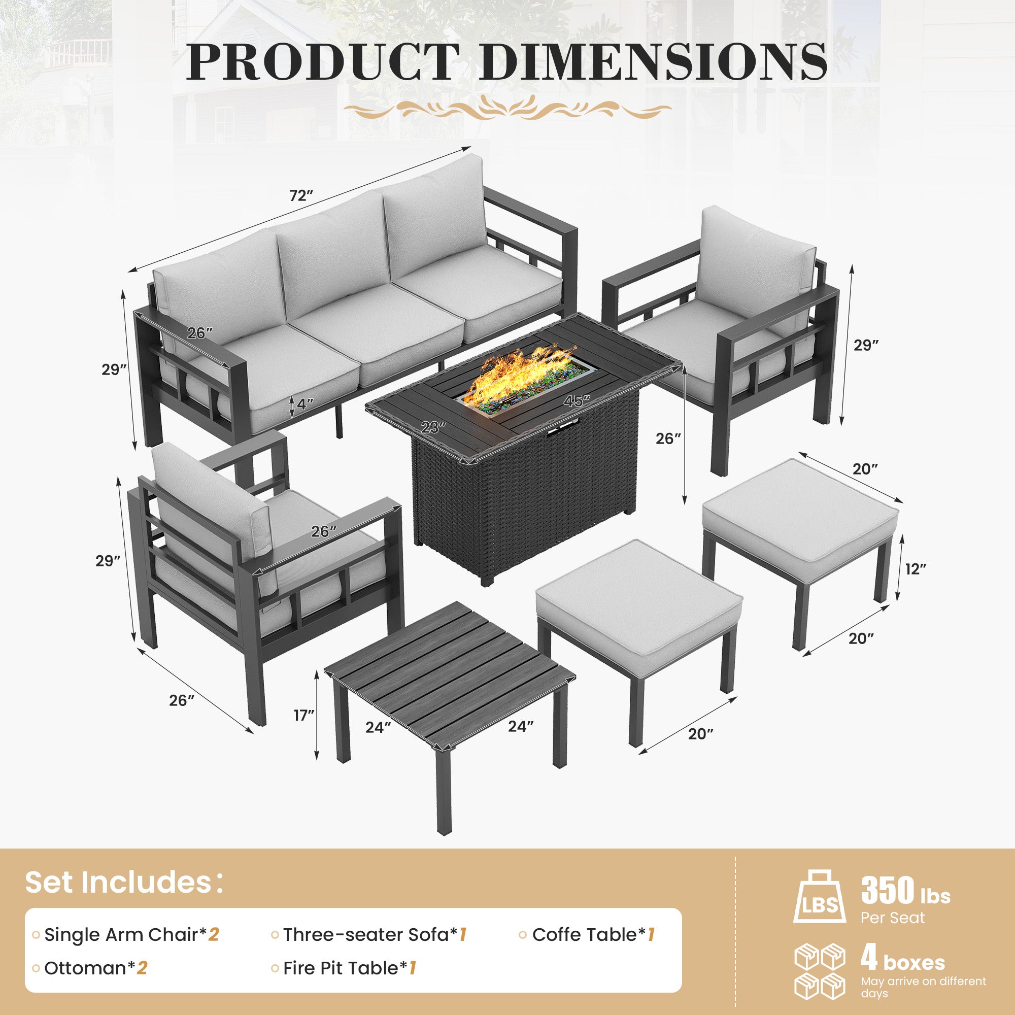 UDPATIO Aluminum Outdoor Furniture Set with 2 Ottomans and Fire Pit Table, 7 Pieces All-Weather & UV-Resistant Patio Sectional Sofa Set for Deck, Backyard, Poolside, Light Gray