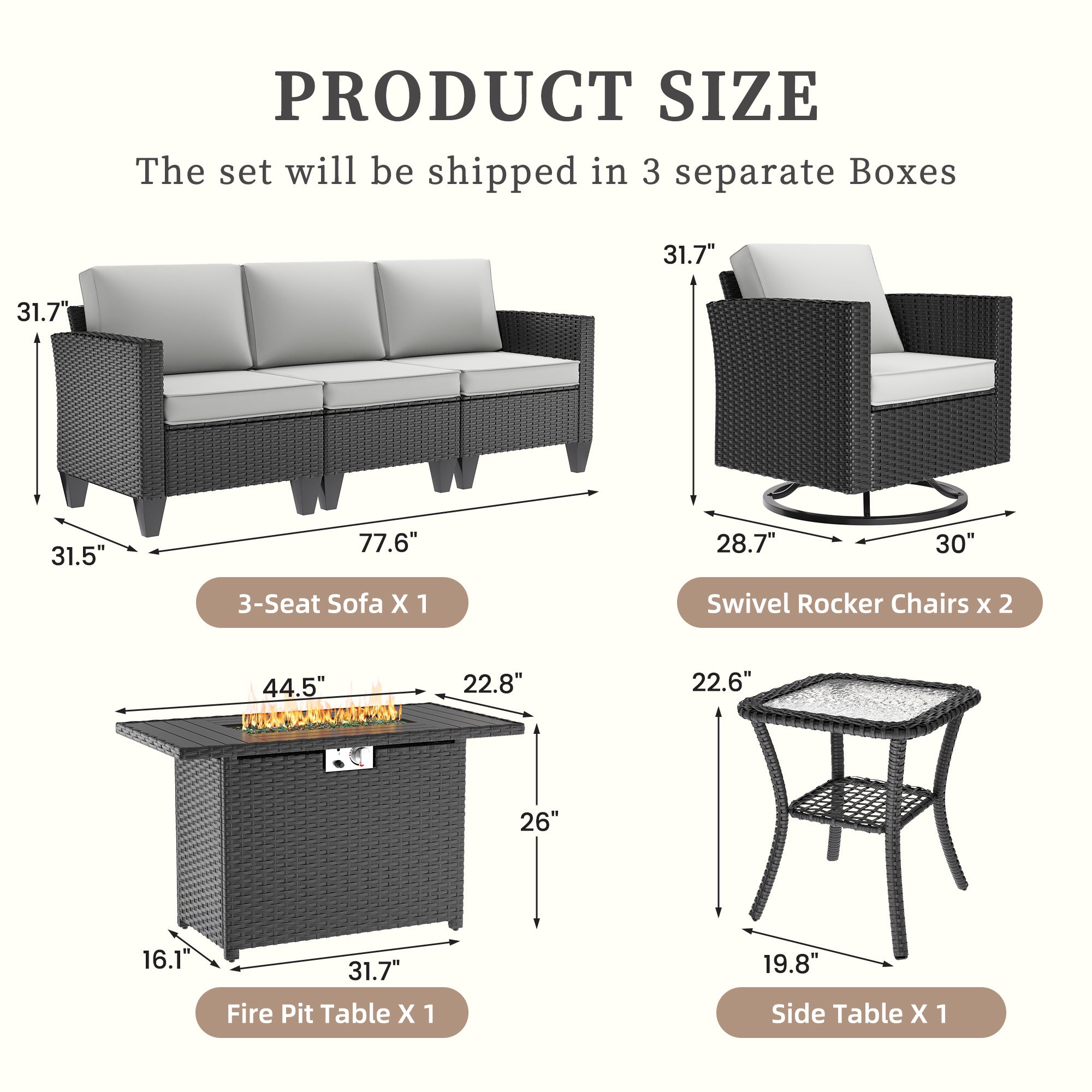 UDPATIO Patio Furniture Set with Fire Pit Table, Rocking Swivel Chairs, 5 Pieces Outdoor Furniture Sets, All-Weather Wicker Outdoor Sectional Sofa with Cover, 4'' Thickened Cushion, Light Grey