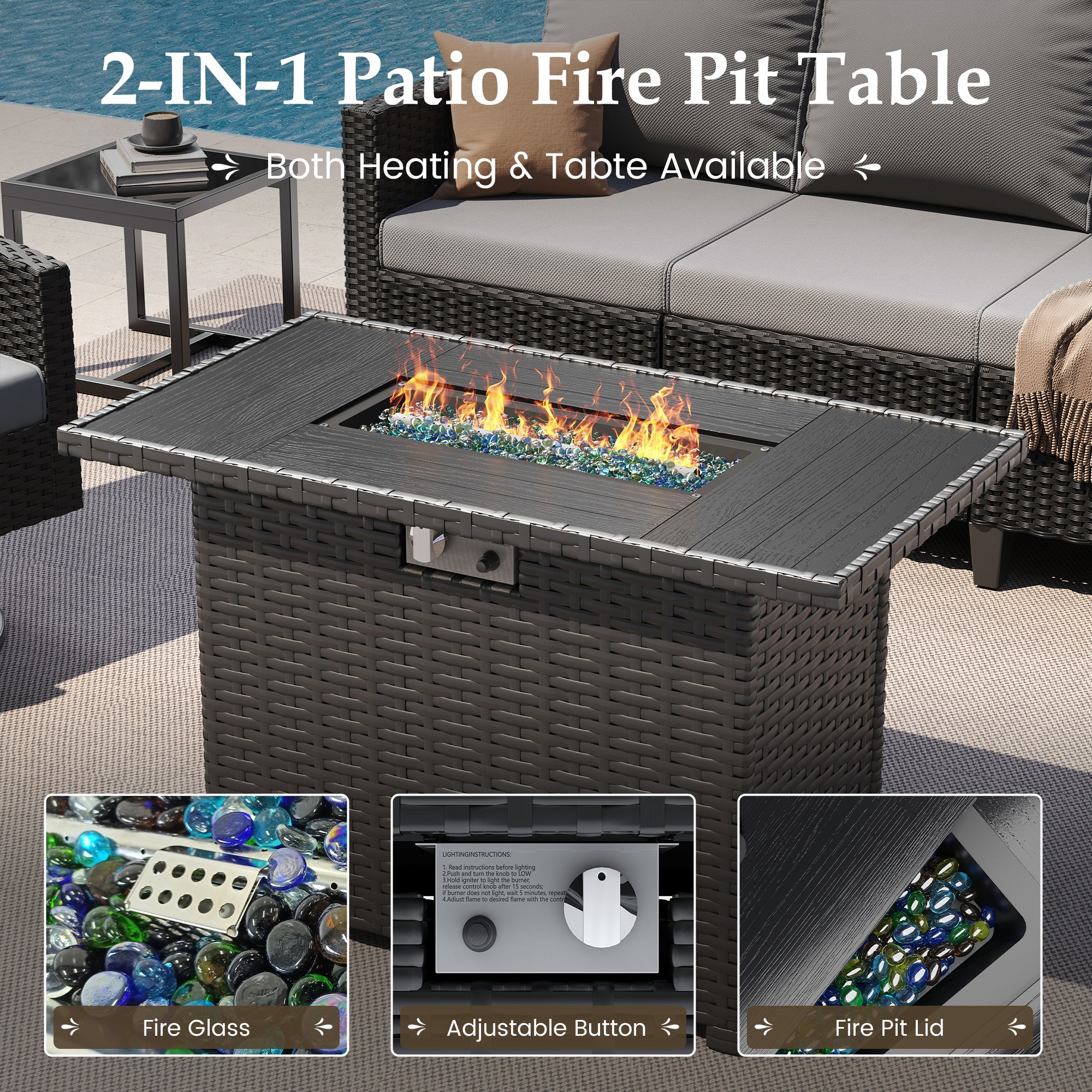 UDPATIO Patio Furniture Set with Fire Pit Table, 7 Pieces Outdoor Conversation Sets with Swivel Chairs and Ottomans, All-Weather Rattan Wicker Patio Sofa Couch for Backyard, Deck, Porch, Grey/Black