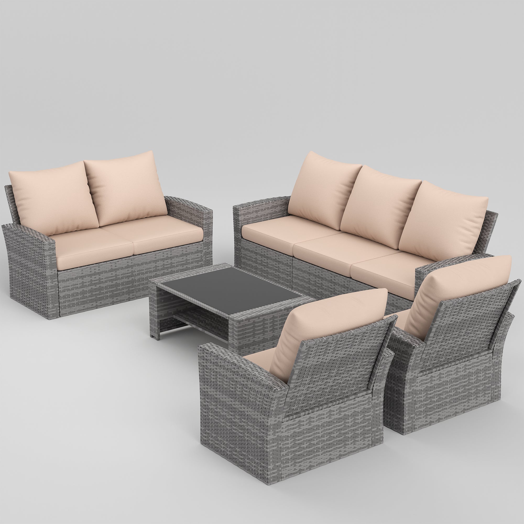 UDPATIO 5-piece Wicker Patio Furniture Set,Multiple combination sofa sets,Gray PE Rattan Patio Sofa Set for Balcony, Porch, Backyard, Beige